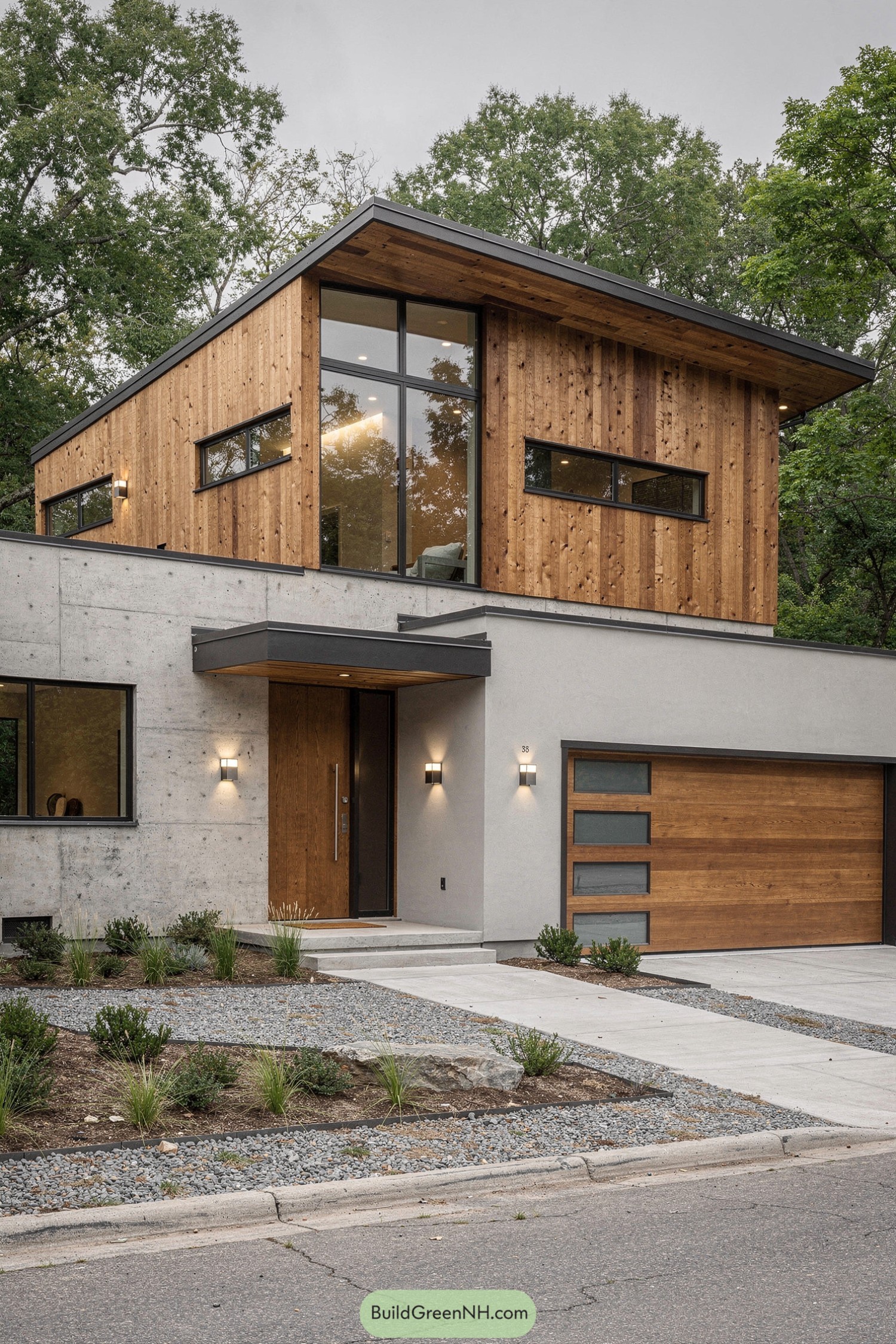 Modern two-story house with cedar-clad upper level, large glass windows, and a flat concrete lower level with matching cedar garage door