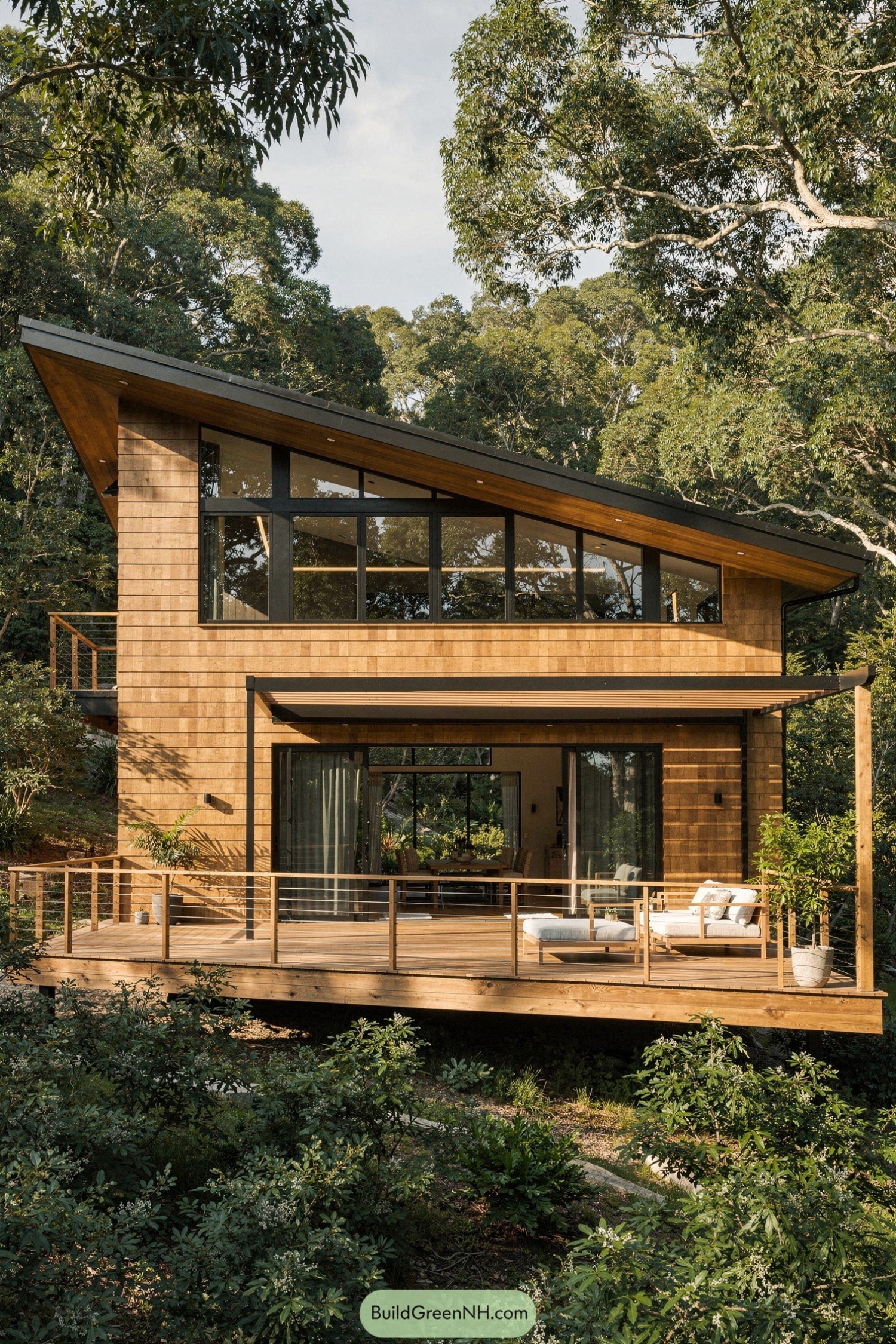 Two-story cedar house with sloped roof and large deck in a wooded setting
