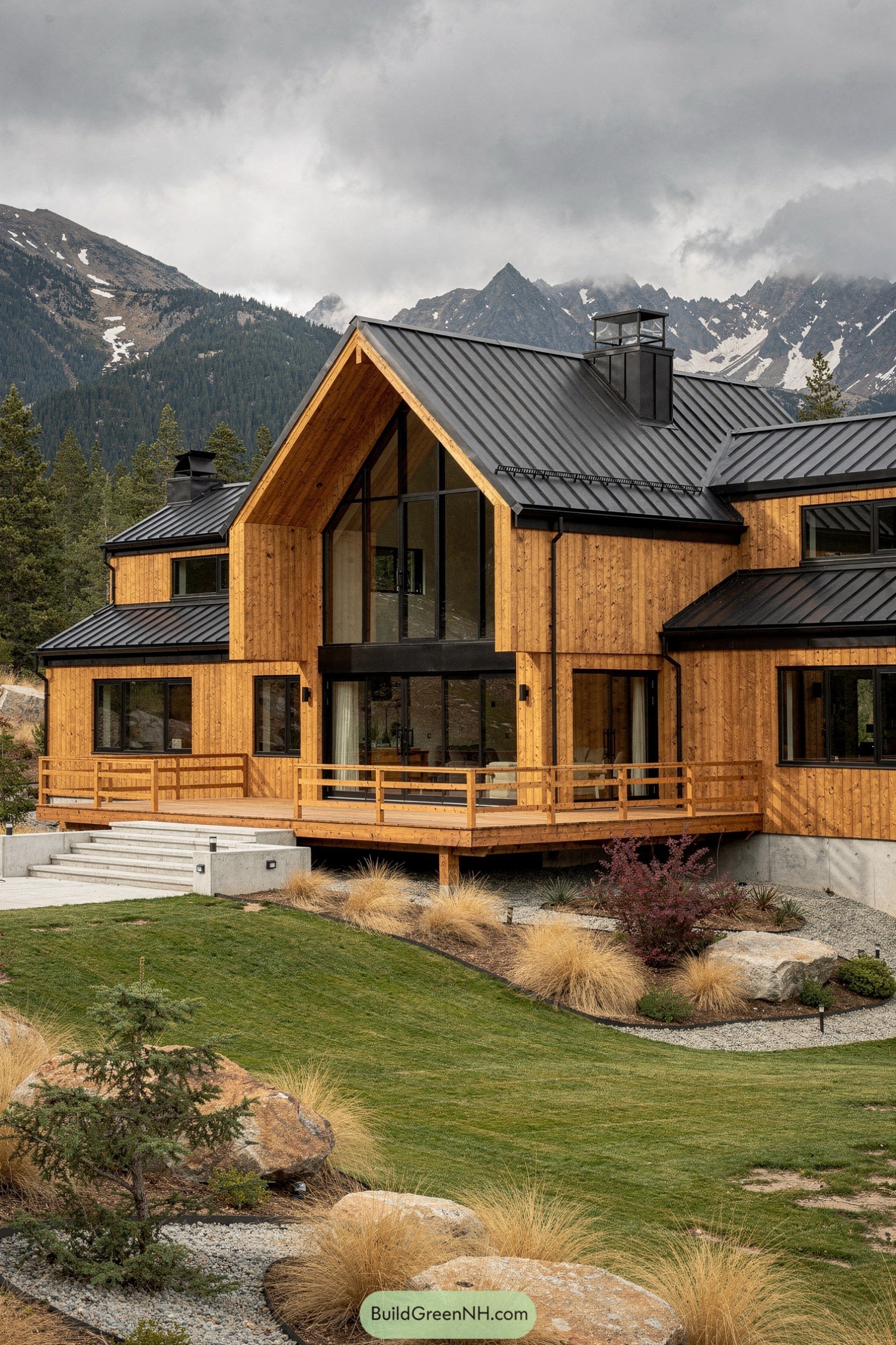 Cedar-sided modern mountain house with black metal roof