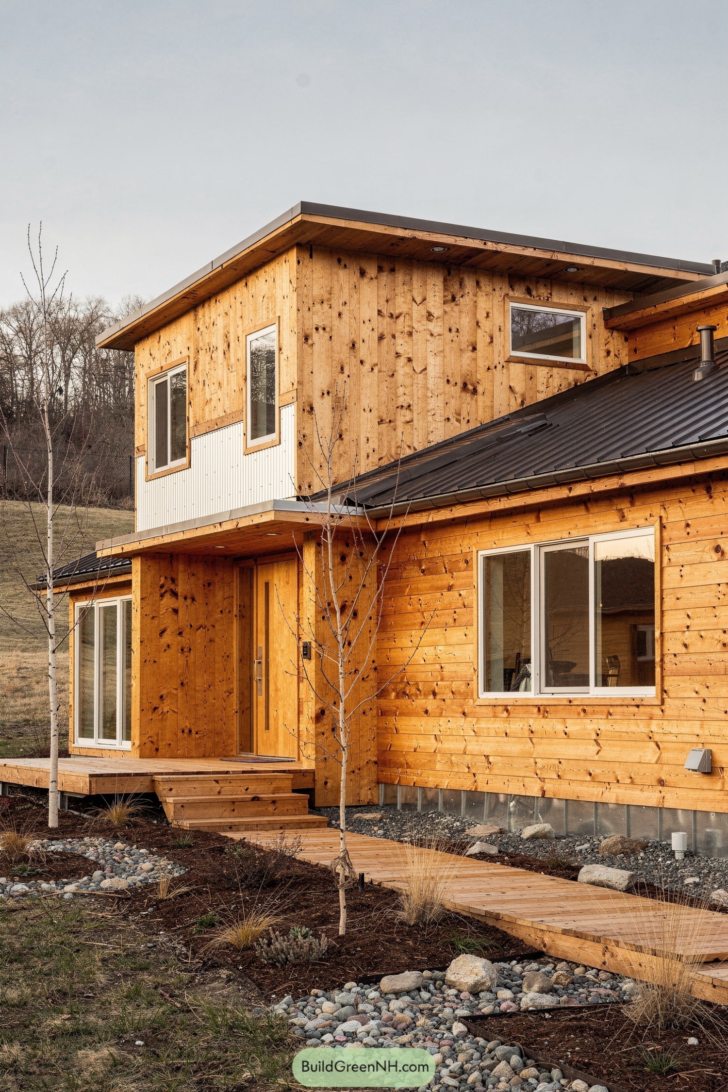 Two-story modern house with cedar siding and metal roof
