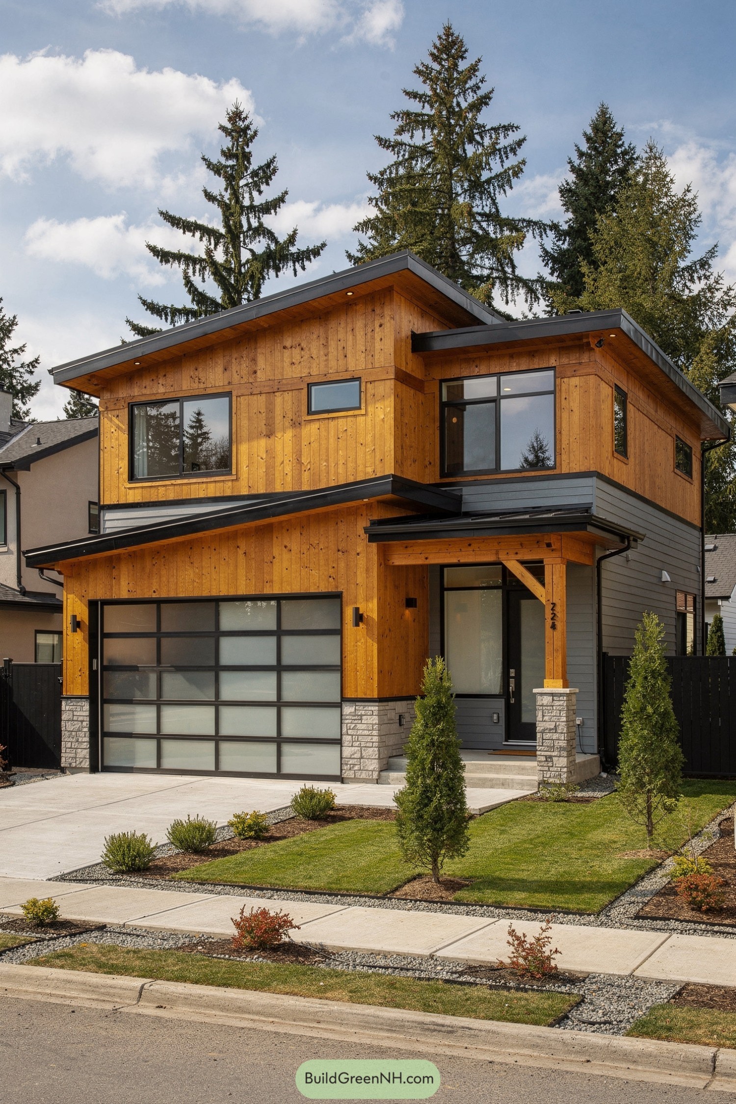 Two story modern house with cedar and gray siding and a frosted glass garage door