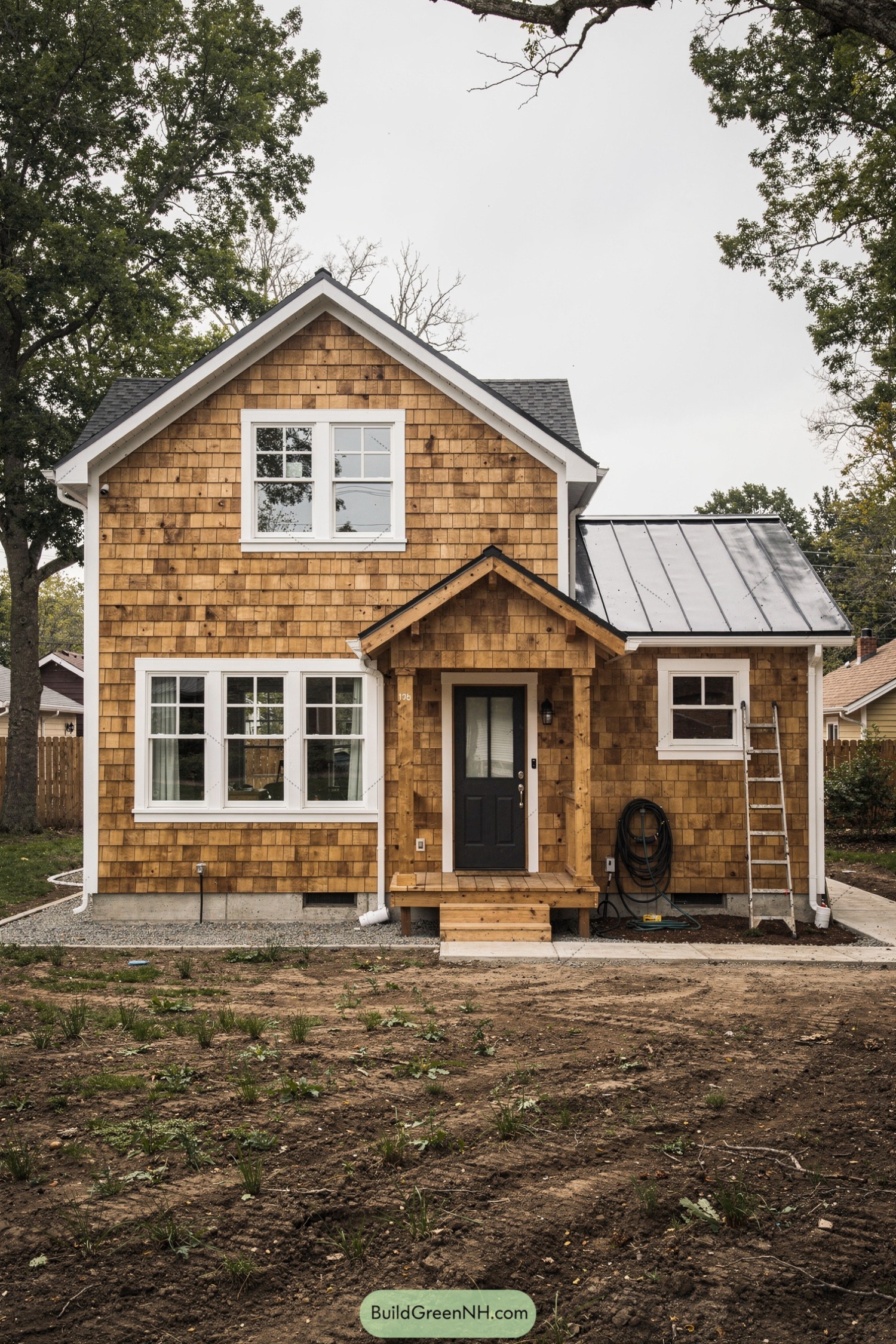 Two-story cedar shingle house with small porch