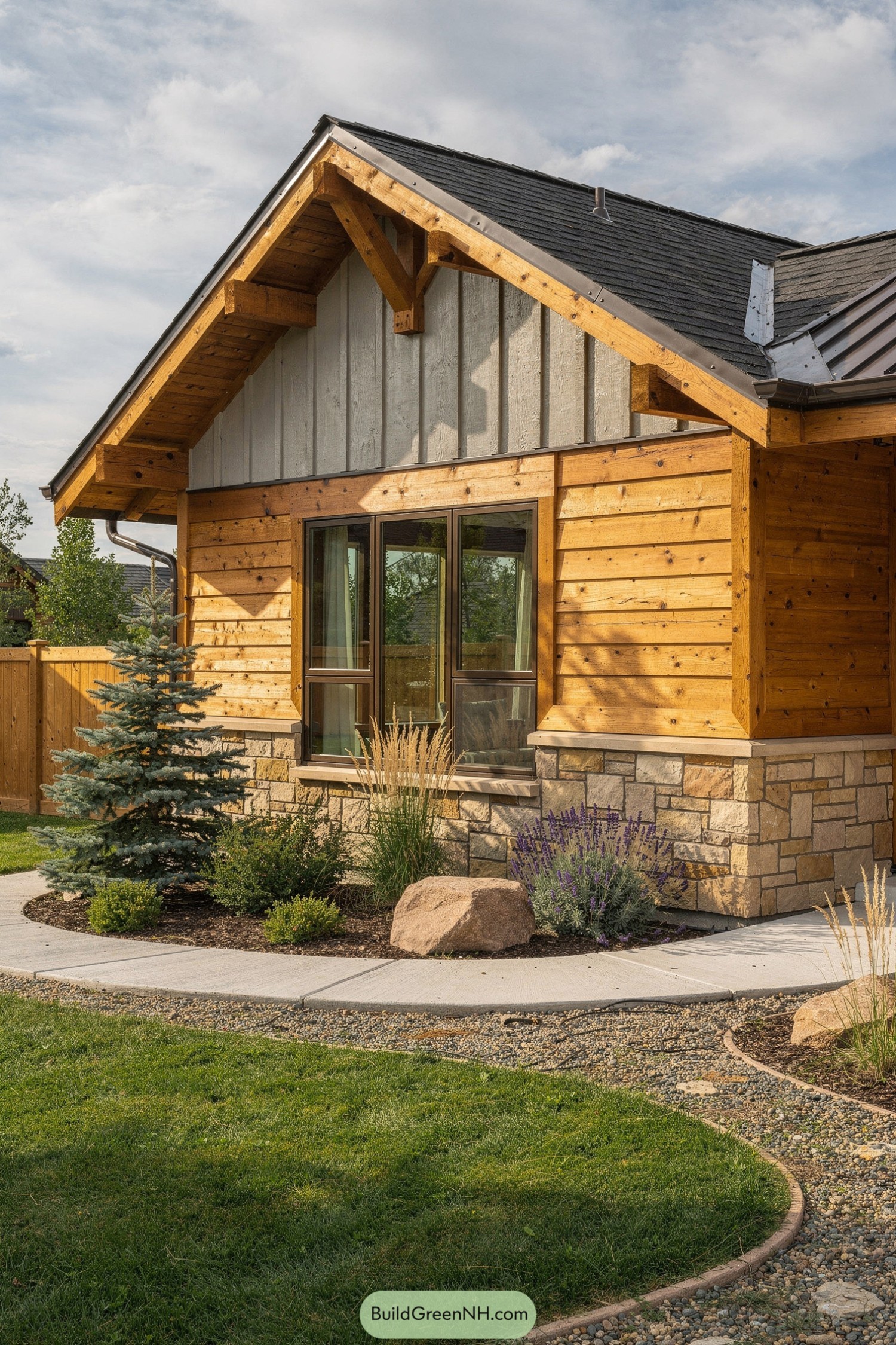 Cedar and stone house with gabled roof