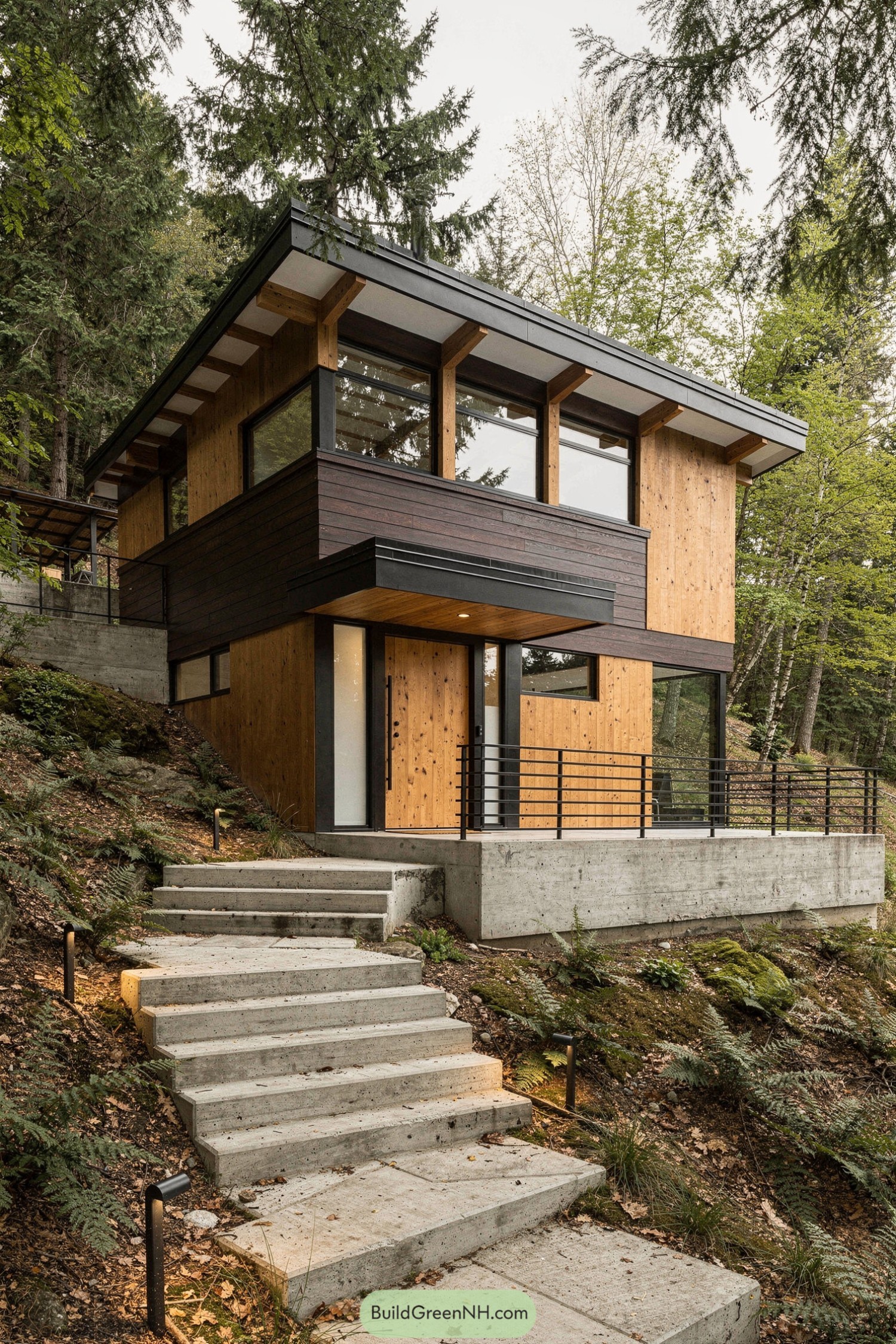 Modern cedar-clad house stepping up a forested hillside