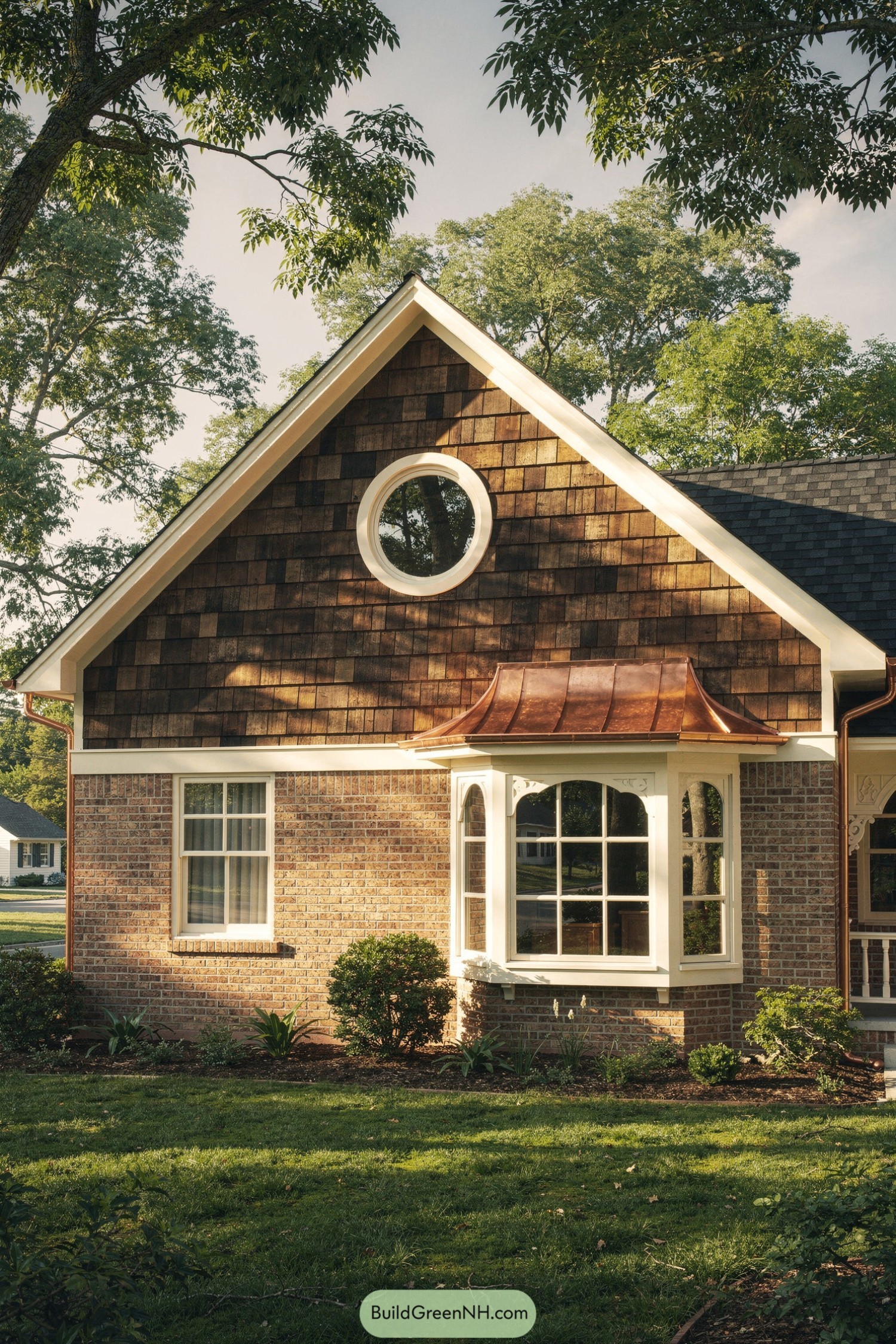 Cedar shingle and brick house with bay window and copper awning