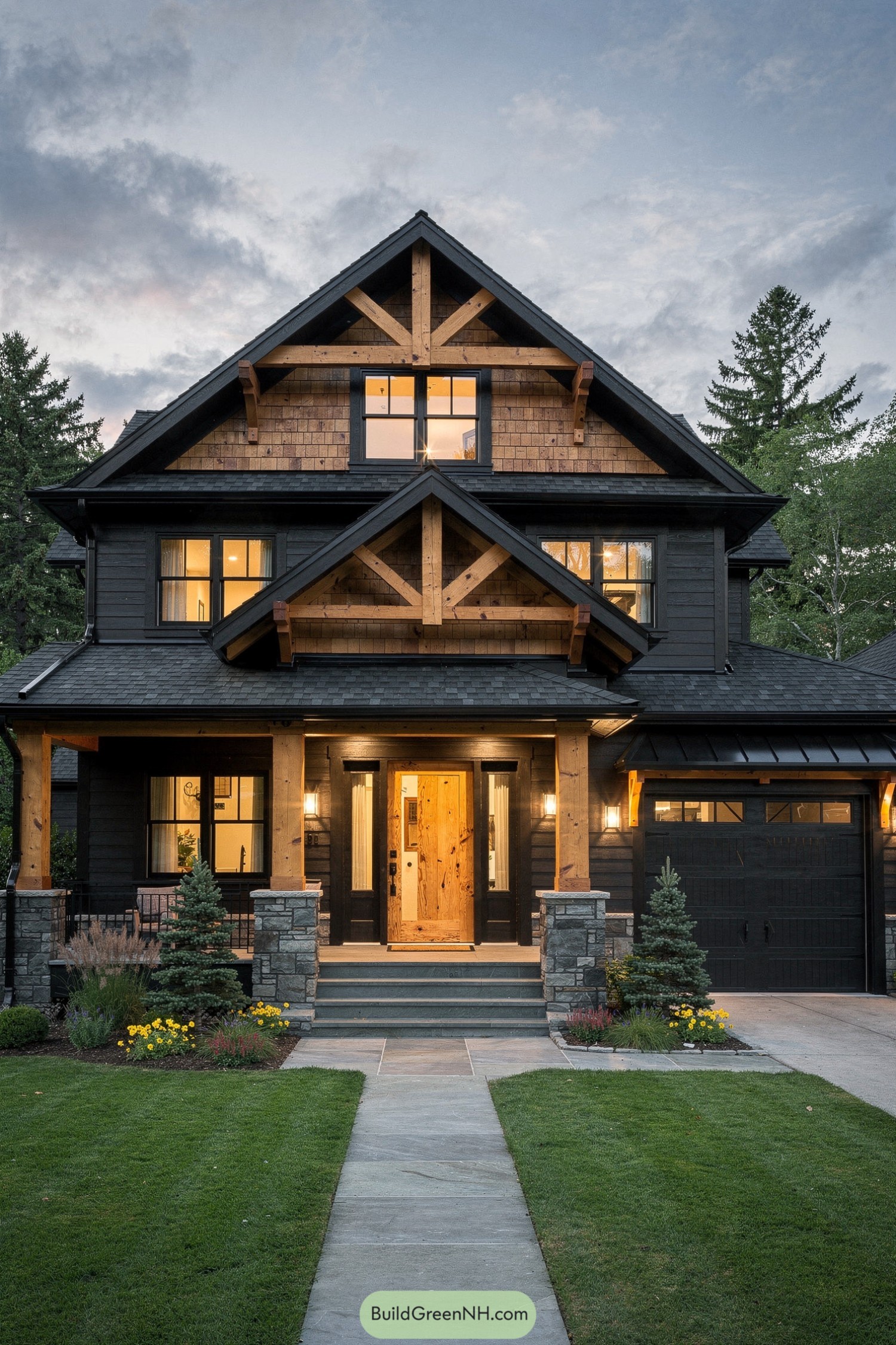 Modern cedar and black timber house with front porch, stone columns, and warm interior lighting at dusk