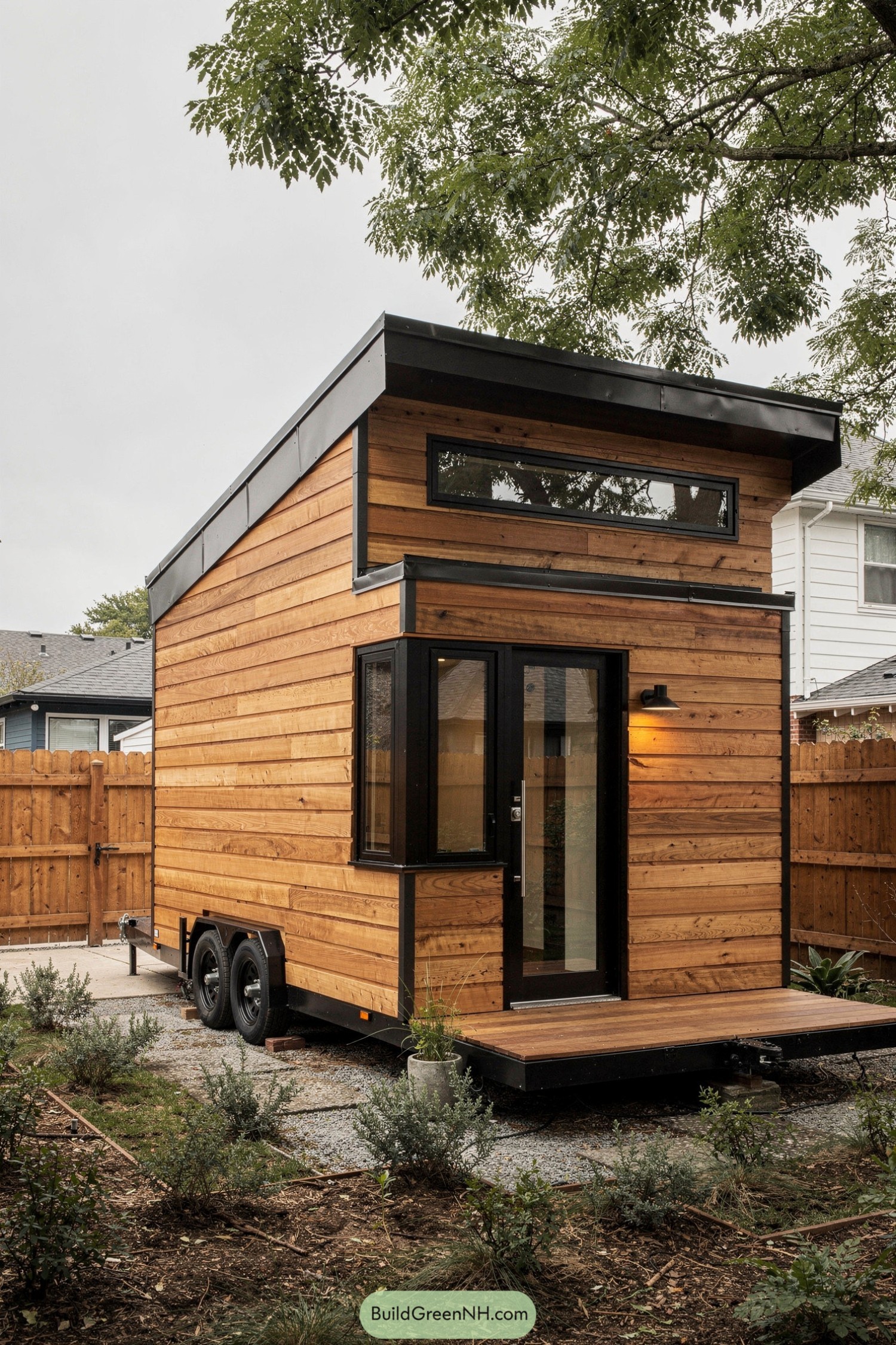 Modern cedar tiny house on wheels