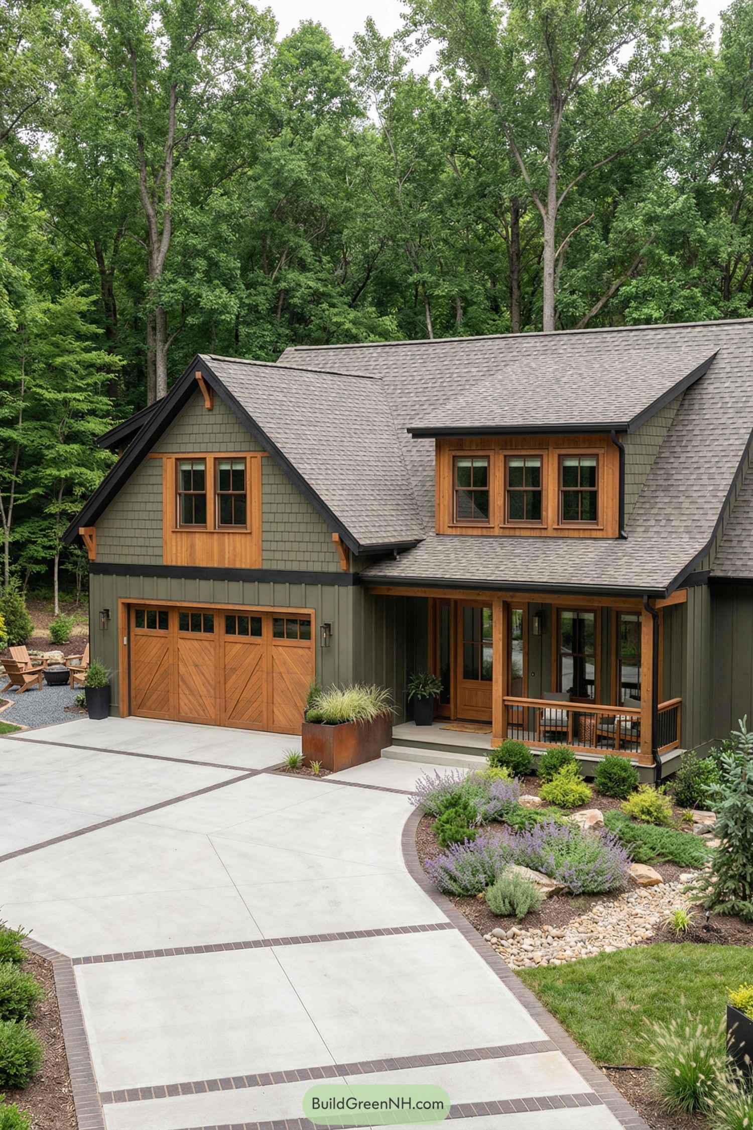 Green-sided house with wood trim and modern landscaping