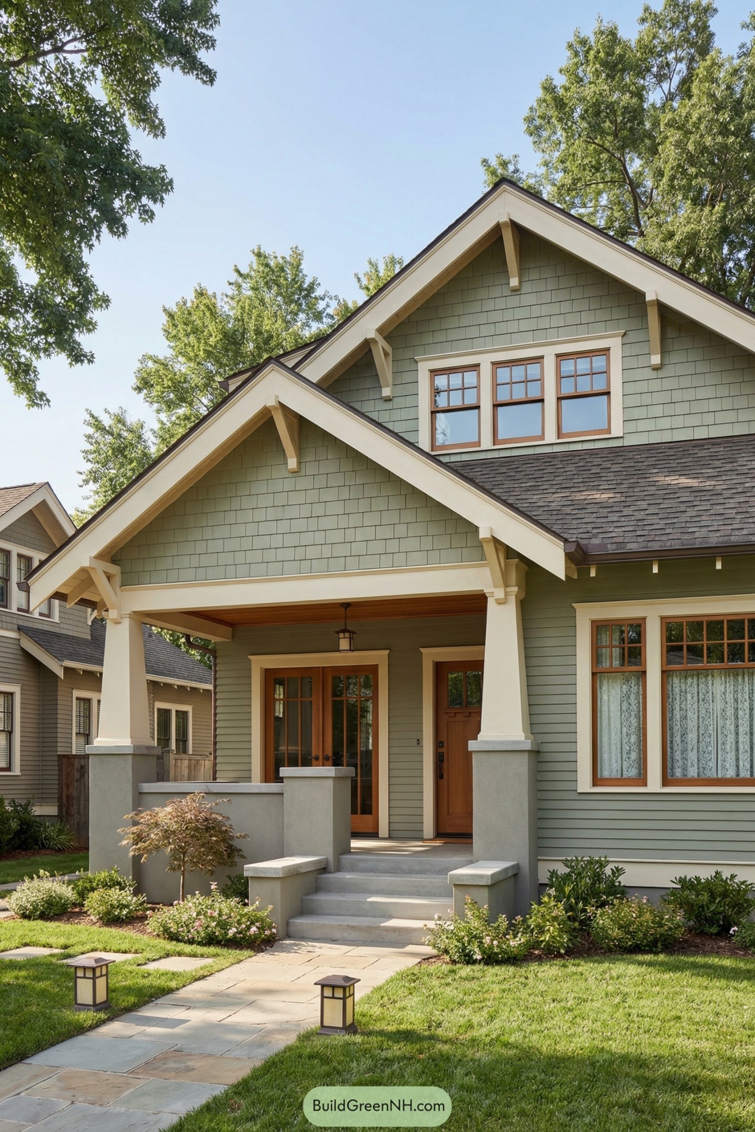 Green craftsman-style house with wide front porch, tapered columns, and landscaped stone walkway