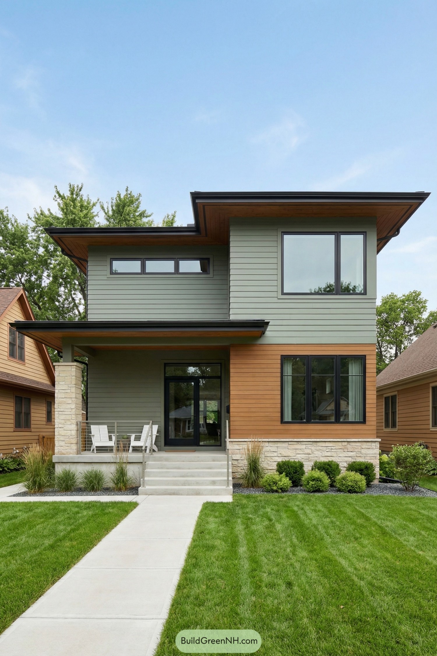 Two-story modern house with sage green siding, cedar accents, and wide overhangs over a small front porch and manicured lawn