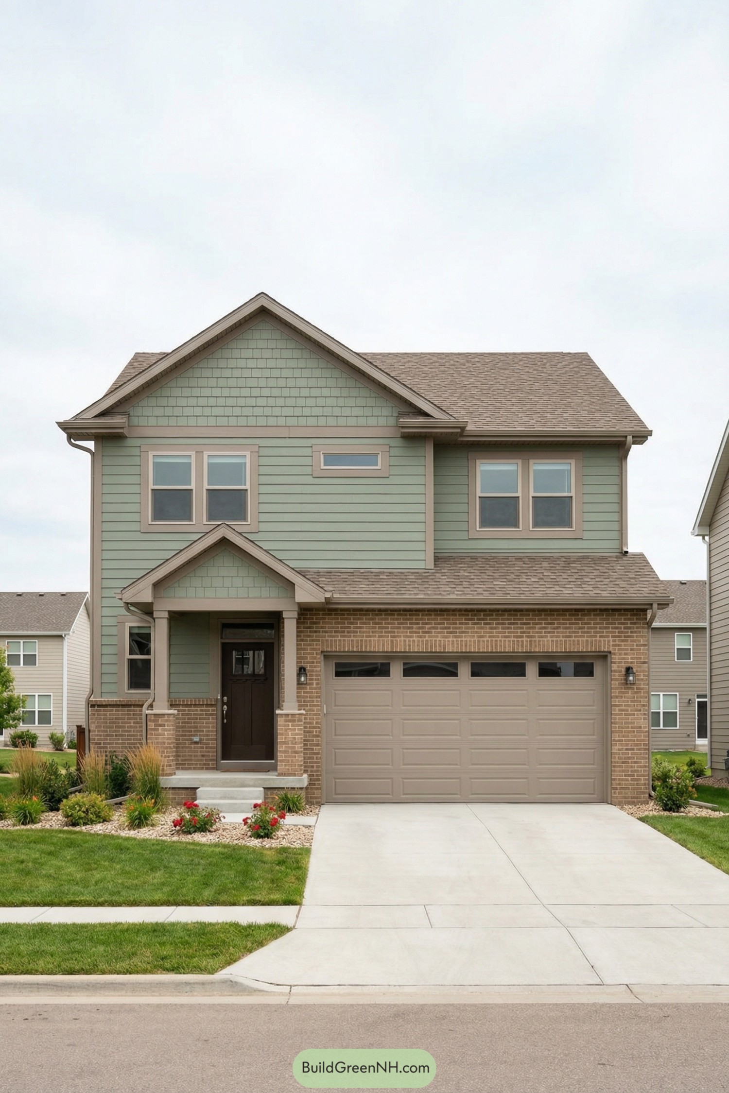 Two-story house with soft green siding, tan brick lower level, and attached two-car garage. Small covered entry porch, simple landscaping, and matching taupe trim and roof