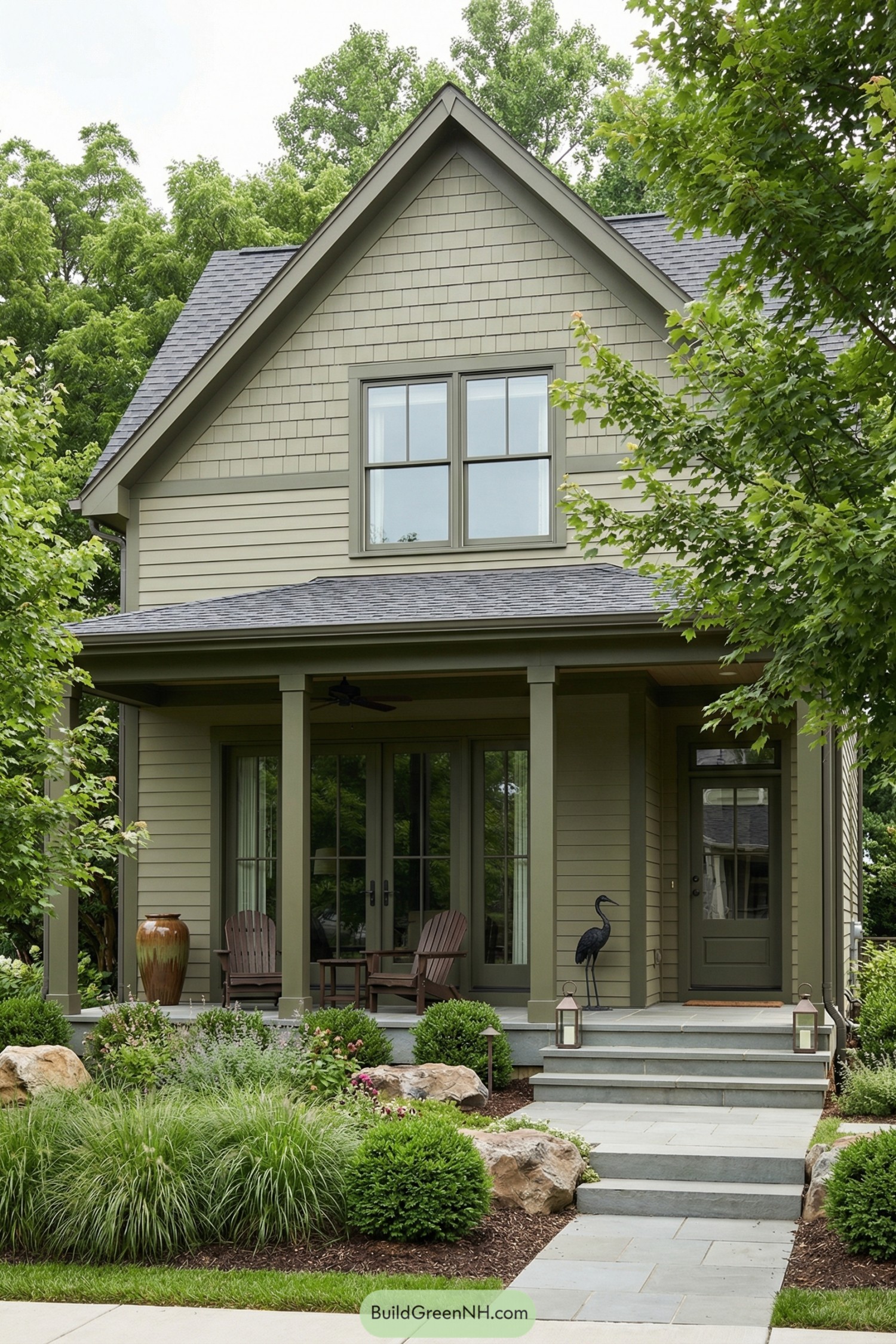 Green-sided house with gabled roof and landscaped front yard