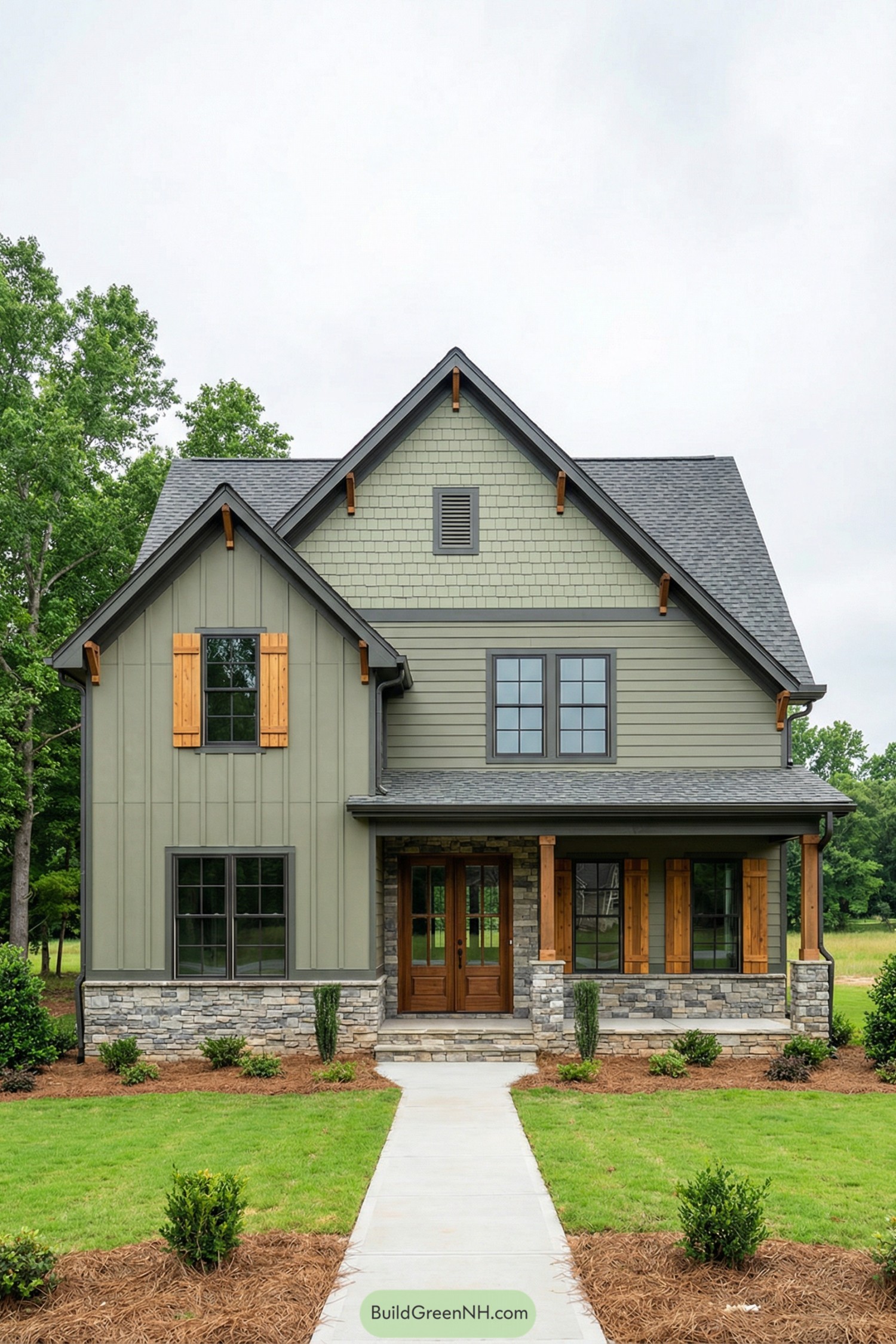 Two-story green house with stone base and wood accents. Symmetrical front entry porch with dark windows and neatly landscaped yard