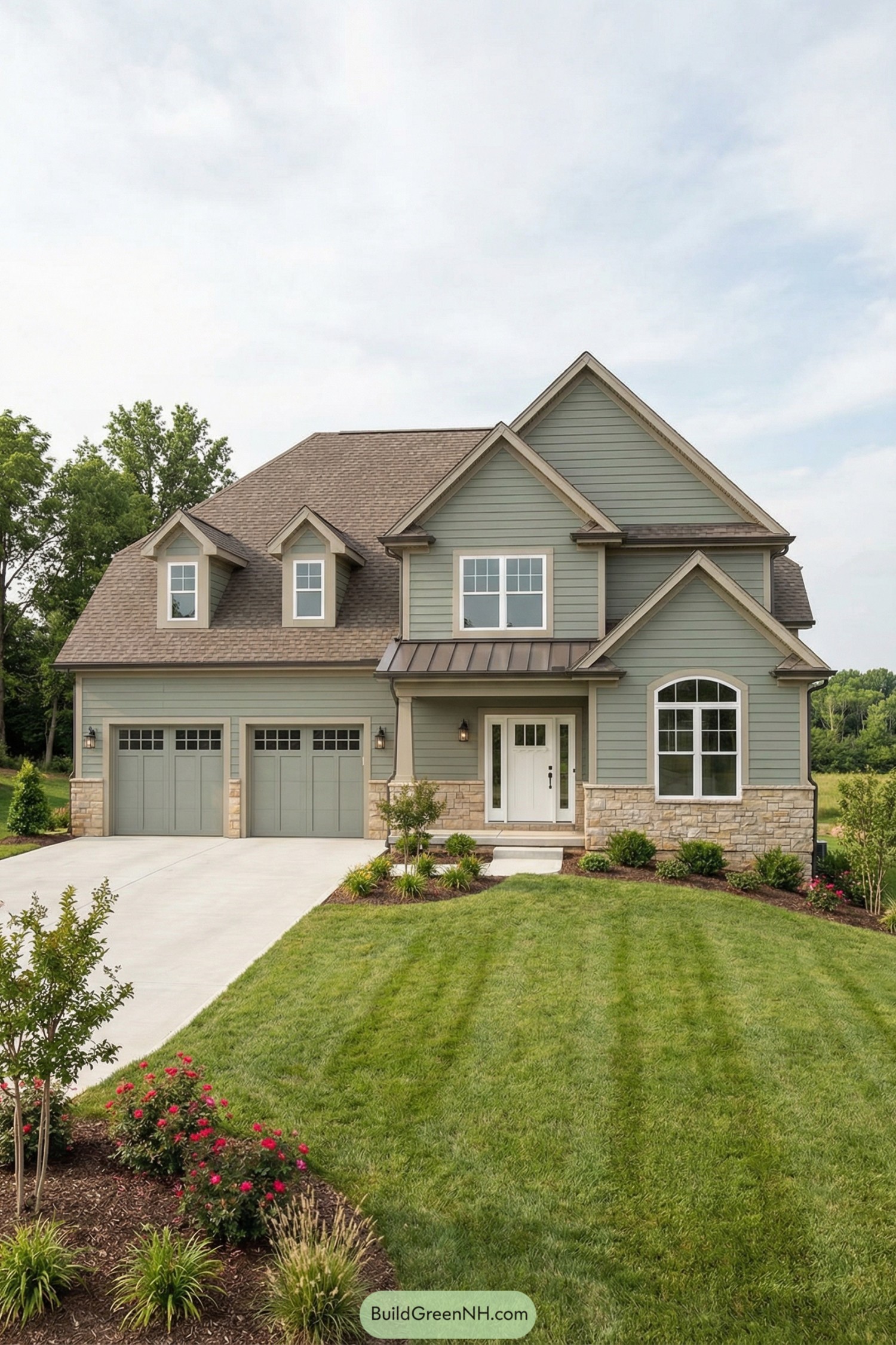 Two story green house with stone accents and manicured lawn