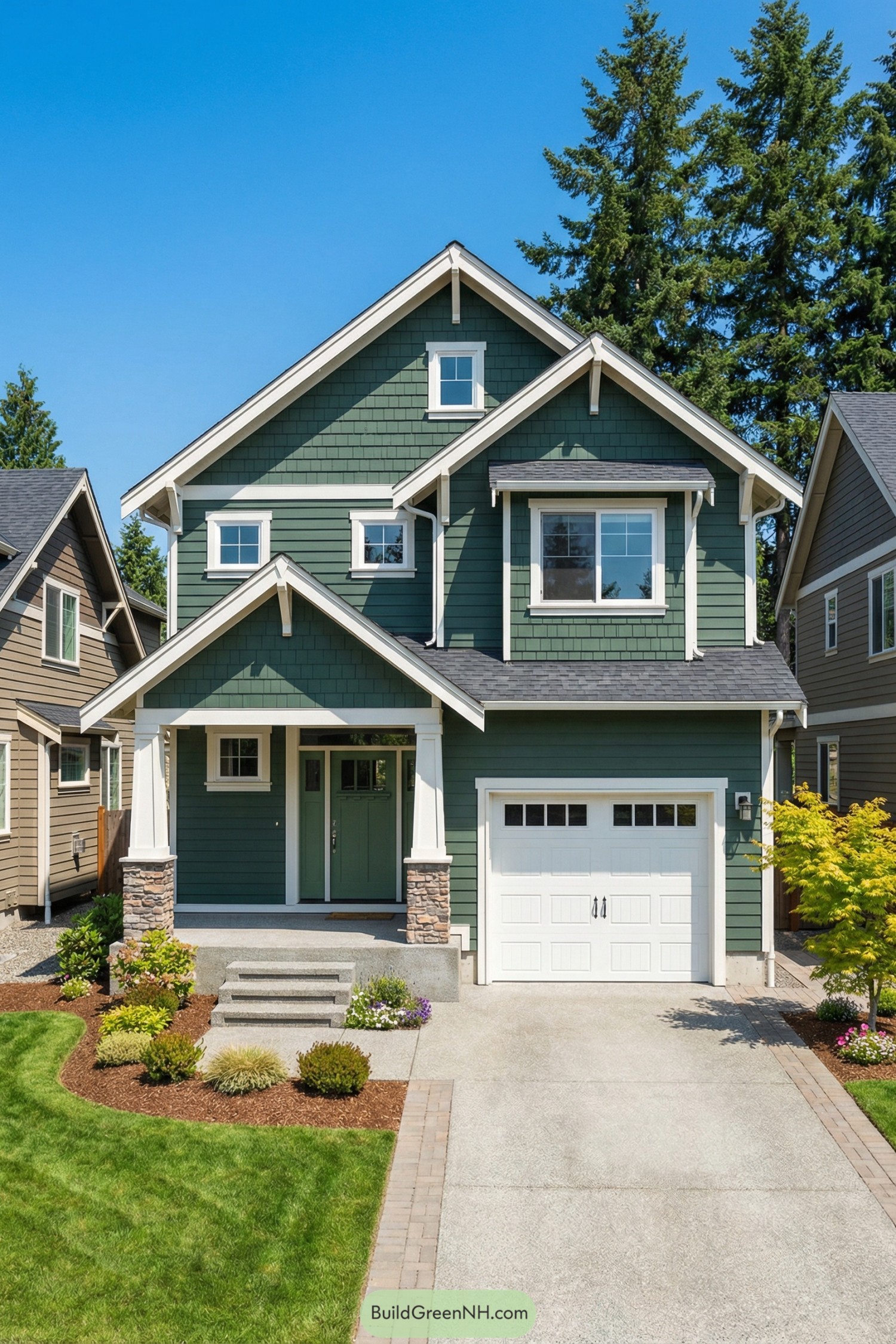 Green Craftsman-style house with white trim and front porch beside single-car garage