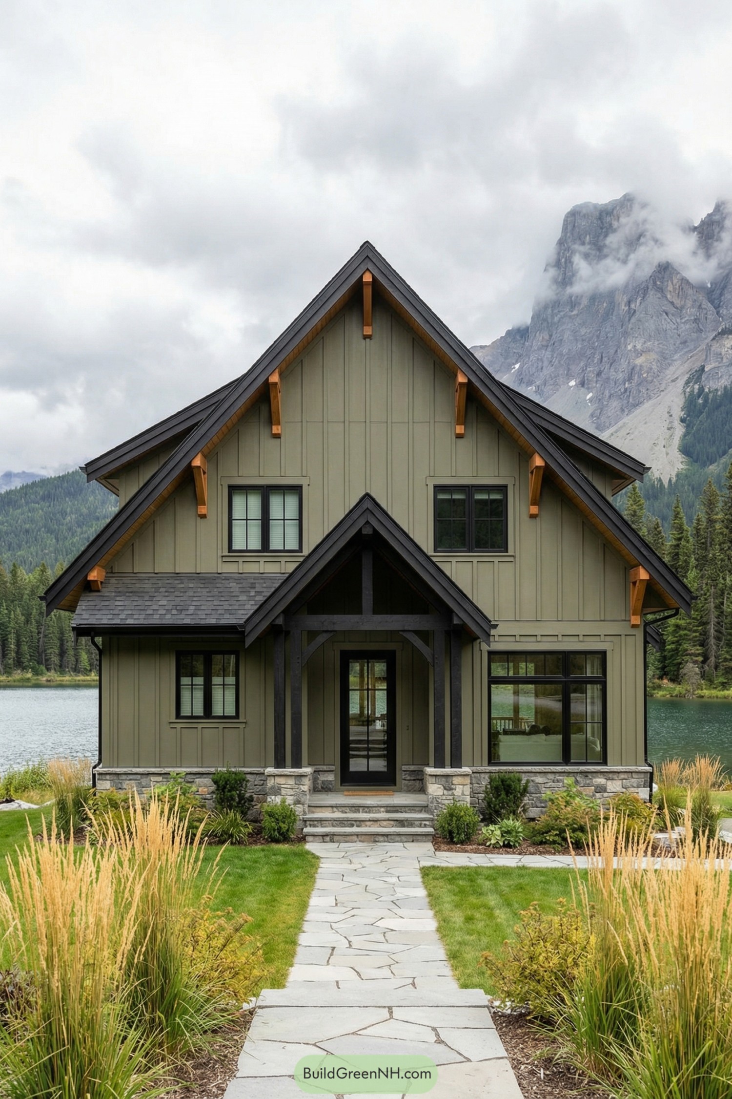 Green board-and-batten lakeside house with black trim and stone base framed by a mountain backdrop