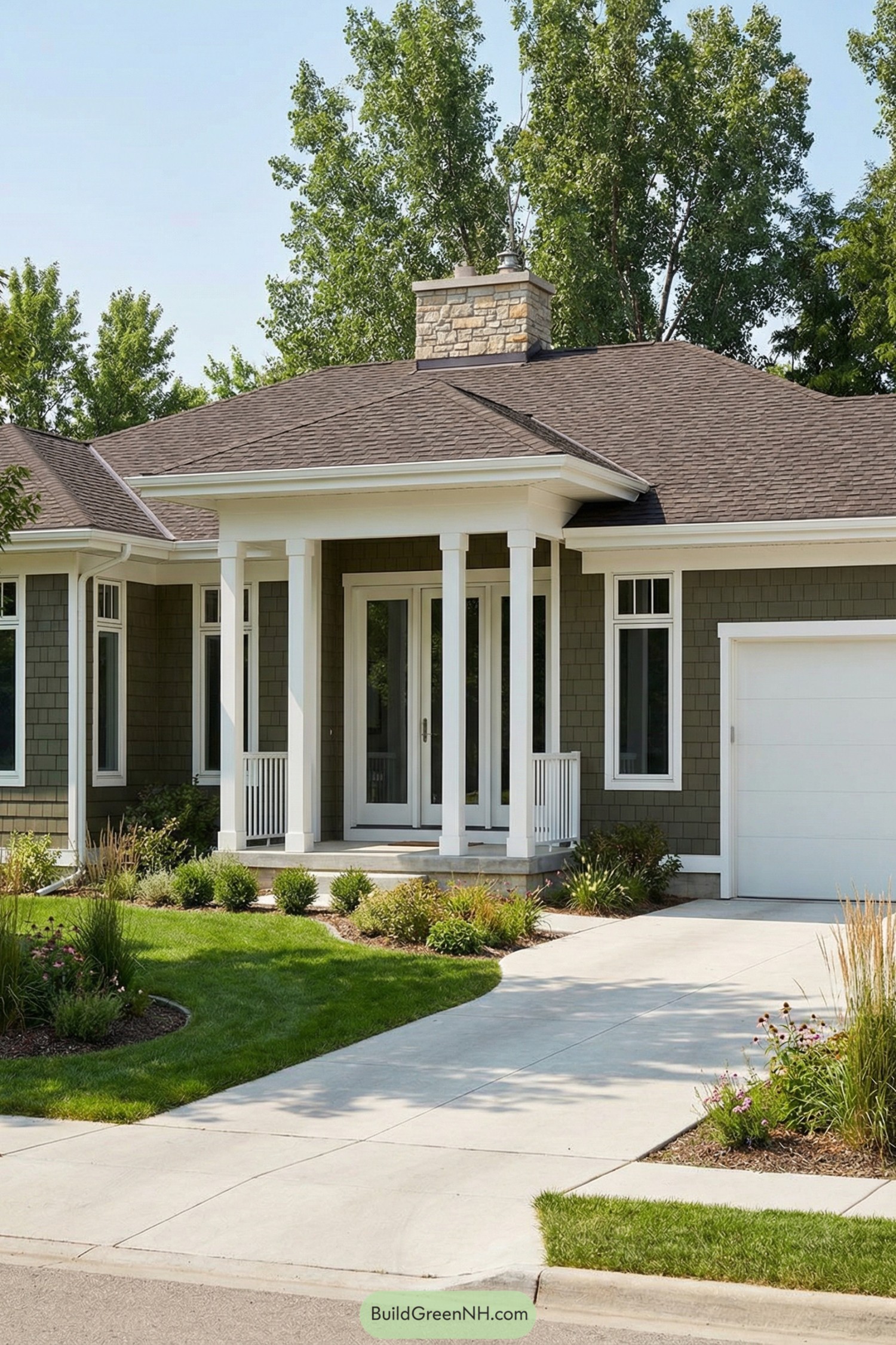 Single-story green-sided home with white columned porch, stone chimney, and neat front landscaping