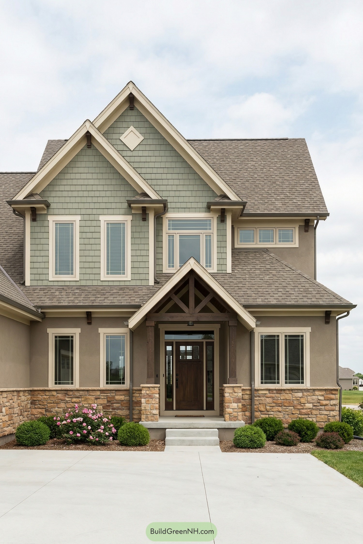 Two-story house with sage shingle siding, stone base, and timber-framed front porch