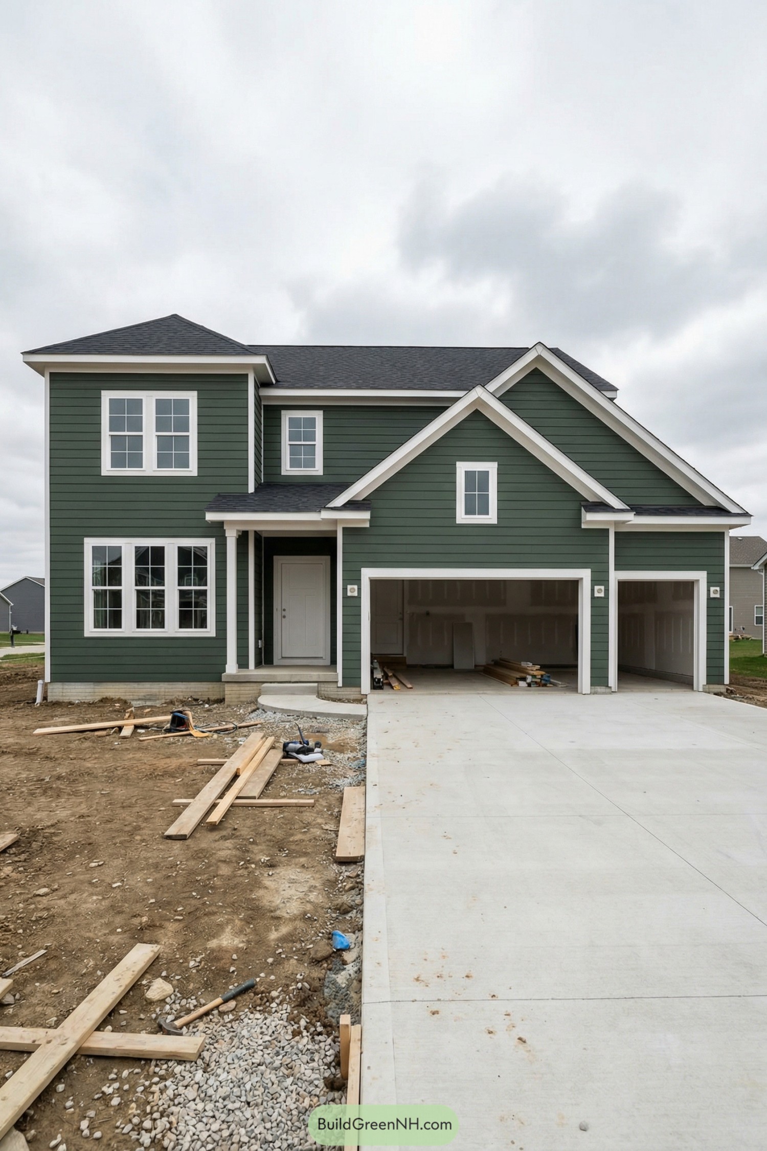 Two-story green-sided house with white trim and triple-car garage under cloudy sky