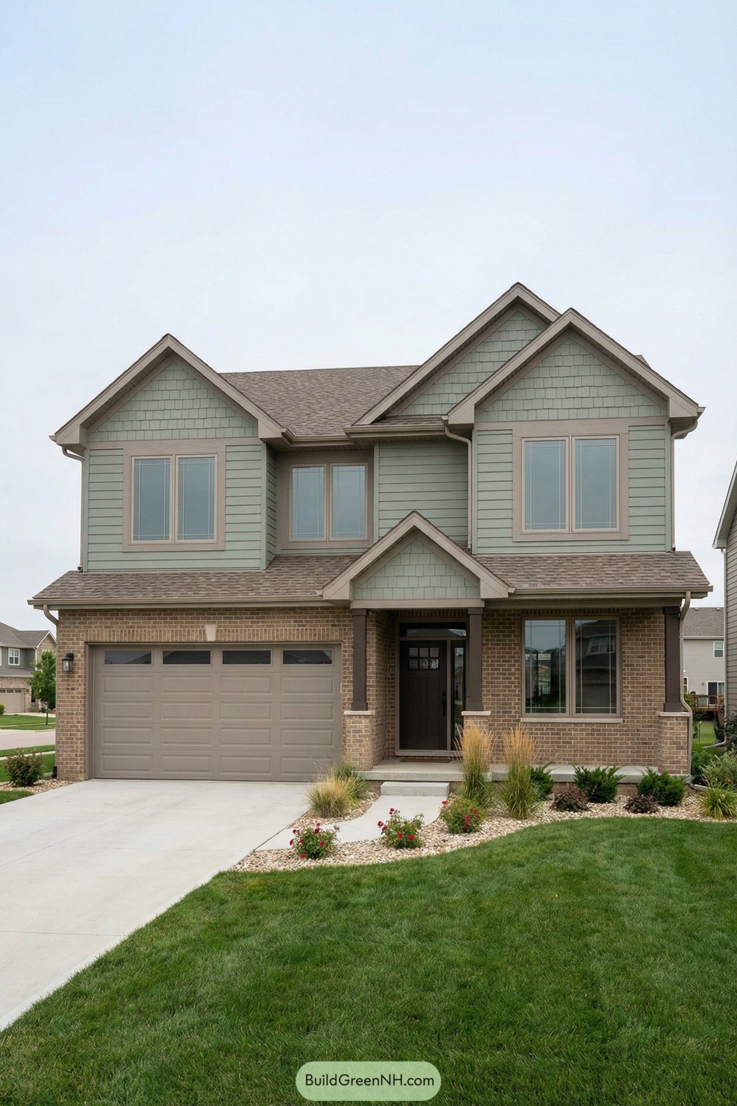 Two-story suburban house with sage green siding, tan brick base, and attached two-car garage