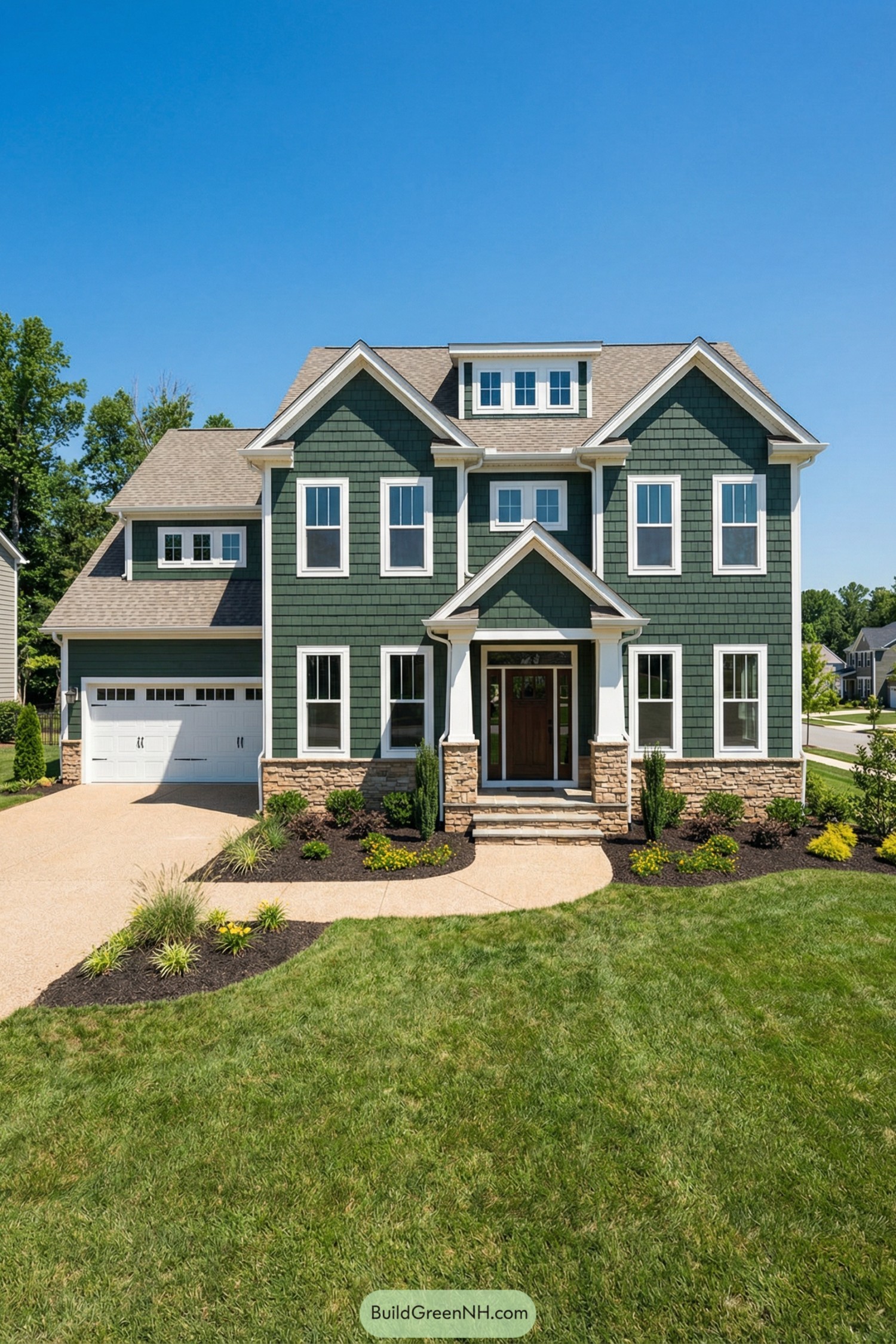 high-res photo of house with Green Siding, two-story modern American suburban facade with symmetrical front elevation, deep forest-green shingle-style siding, crisp white trim and corner boards, light stone accents at porch base; rectangular L-shaped structure with multiple front-facing gables and a projecting entry volume; exterior materials include textured fiber-cement or vinyl shingles in dark green, stacked tan stone veneer on porch piers and low walls, smooth painted wood or composite trim in bright white; moderately pitched gable roof with several intersecting rooflines, light warm-gray asphalt shingles, central front dormer with three white-trimmed windows, clean white eaves and gutters; numerous vertically proportioned white-framed double-hung windows, upper sashes with grid muntins, consistent rhythm across facade, smaller paired windows on dormer and garage level; main entry with dark stained door, sidelights, transom window above, covered by a small gabled porch roof supported by thick square white columns on stone bases; attached two-car garage on the left with white paneled doors, simple trim, side return of green siding; front walk and wide curved light-tan aggregate driveway leading from street to garage and porch, neat dark-brown mulch beds along foundation with low shrubs, ornamental grasses, and small yellow flowering plants, a few slender evergreens flanking porch; well-kept green lawn in foreground, open suburban setting with scattered mature trees and distant neighboring houses, vivid clear blue sky, bright daylight creating soft shadows, overall clean and picturesque streetscape; real-life photo, high-resolution, architectural photography, soft lighting, cinematic composition.