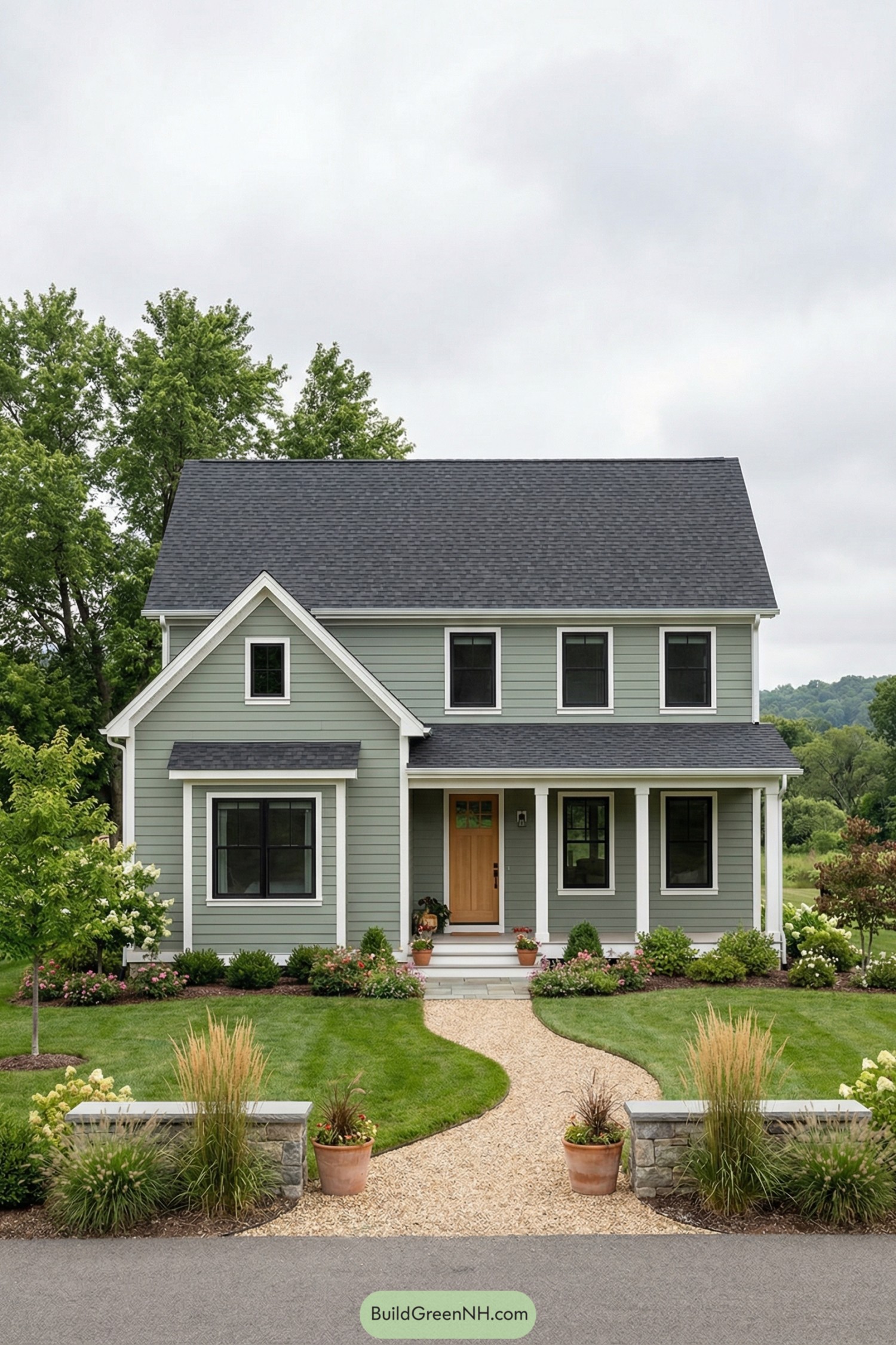 Two story farmhouse with soft green siding white trim and a welcoming front porch