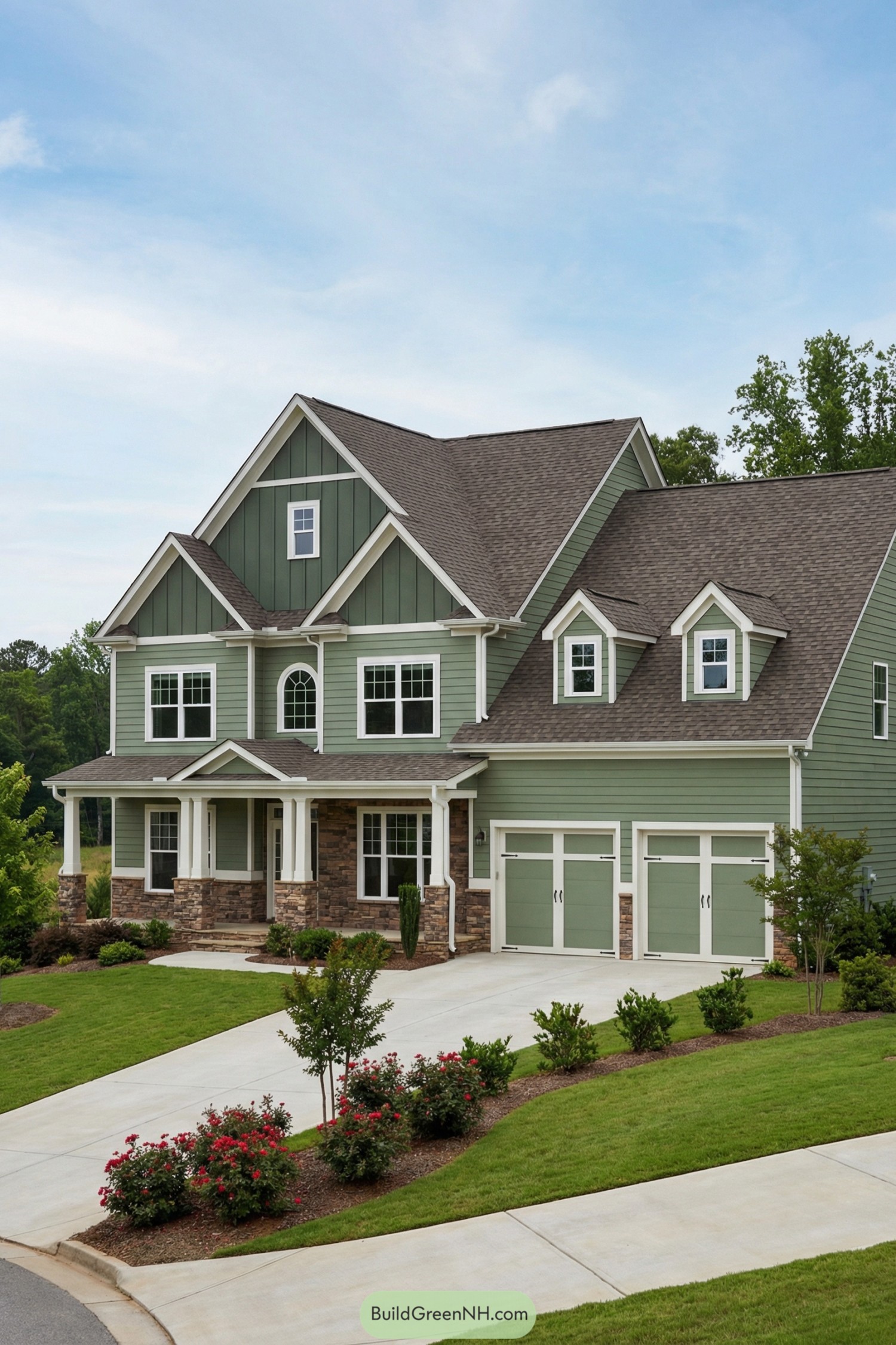 Two-story green craftsman home with stone accents and two-car garage on manicured lawn