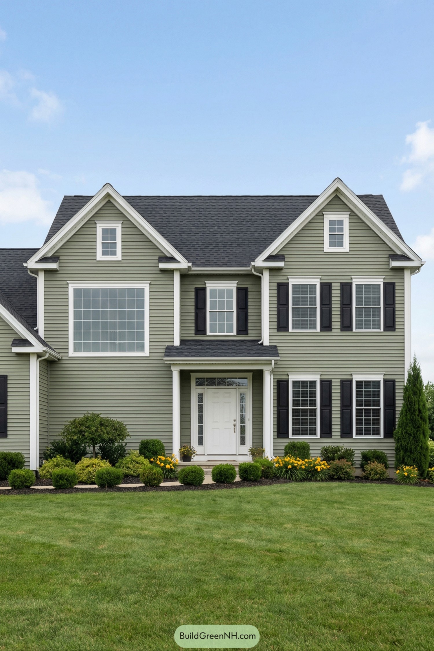 Two story green house with white trim black shutters and manicured front lawn