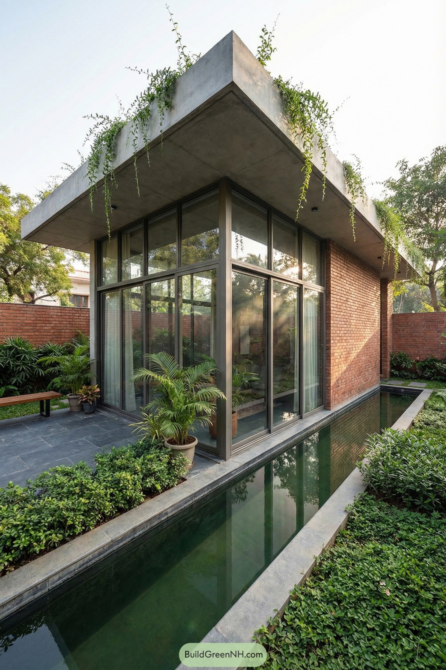 Modern brick pavilion with full-height glass walls, deep concrete roof overhang, and narrow reflecting pool framed by lush plants