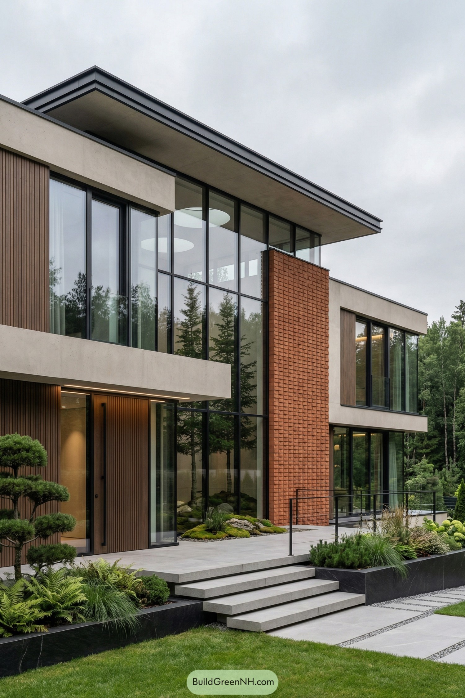 Modern two-story glass house with brick accent and landscaped entry garden
