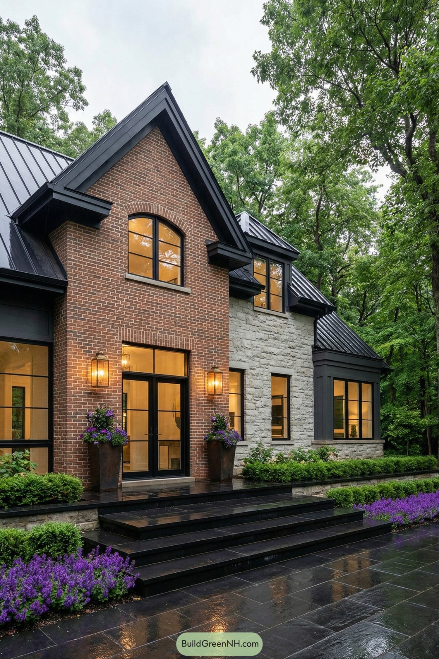 Front view of a brick and stone house with black metal roof, glowing windows, and lush planting framing wet stone steps