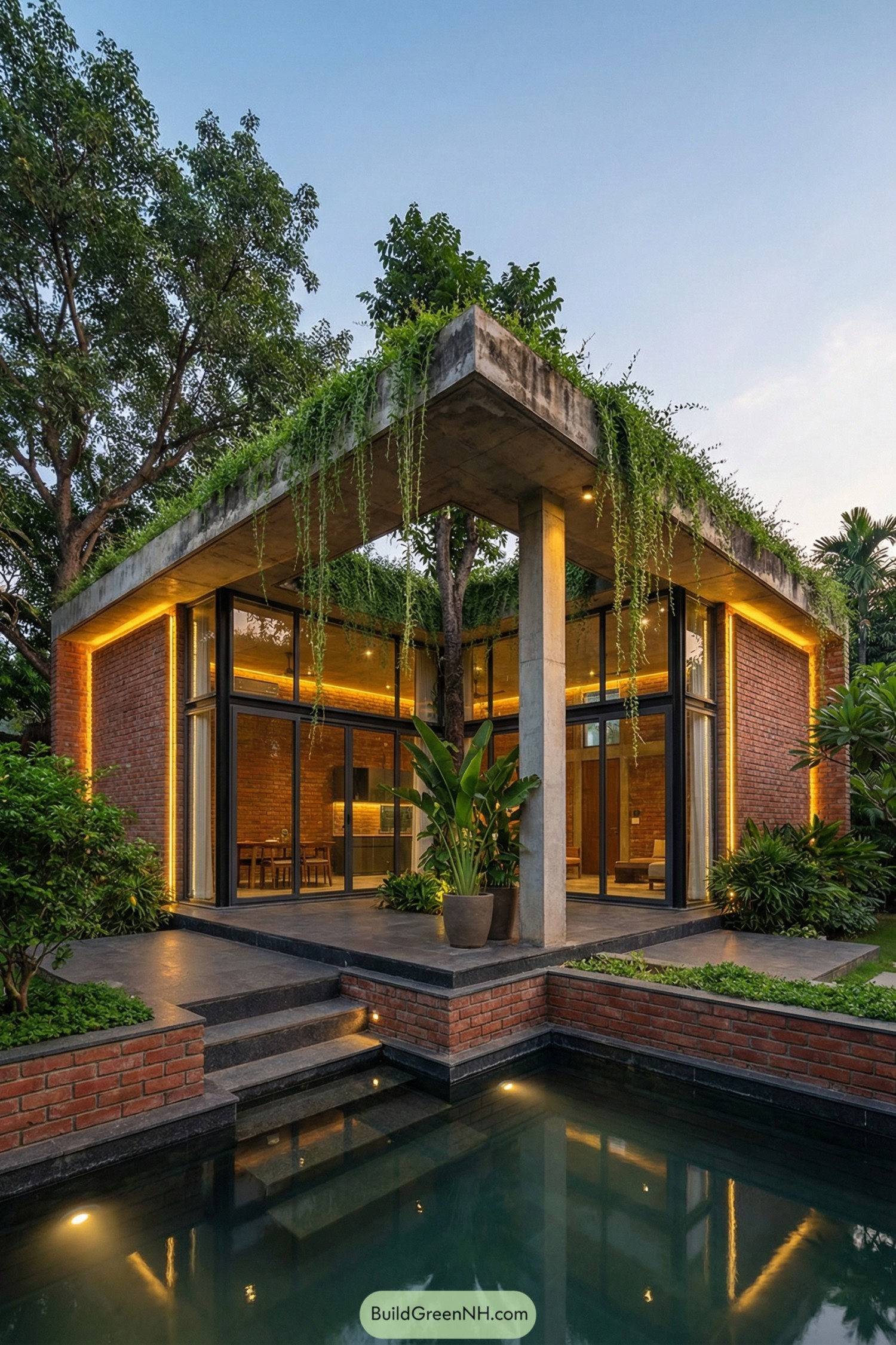 Modern brick and glass house with planted roof and poolside terrace