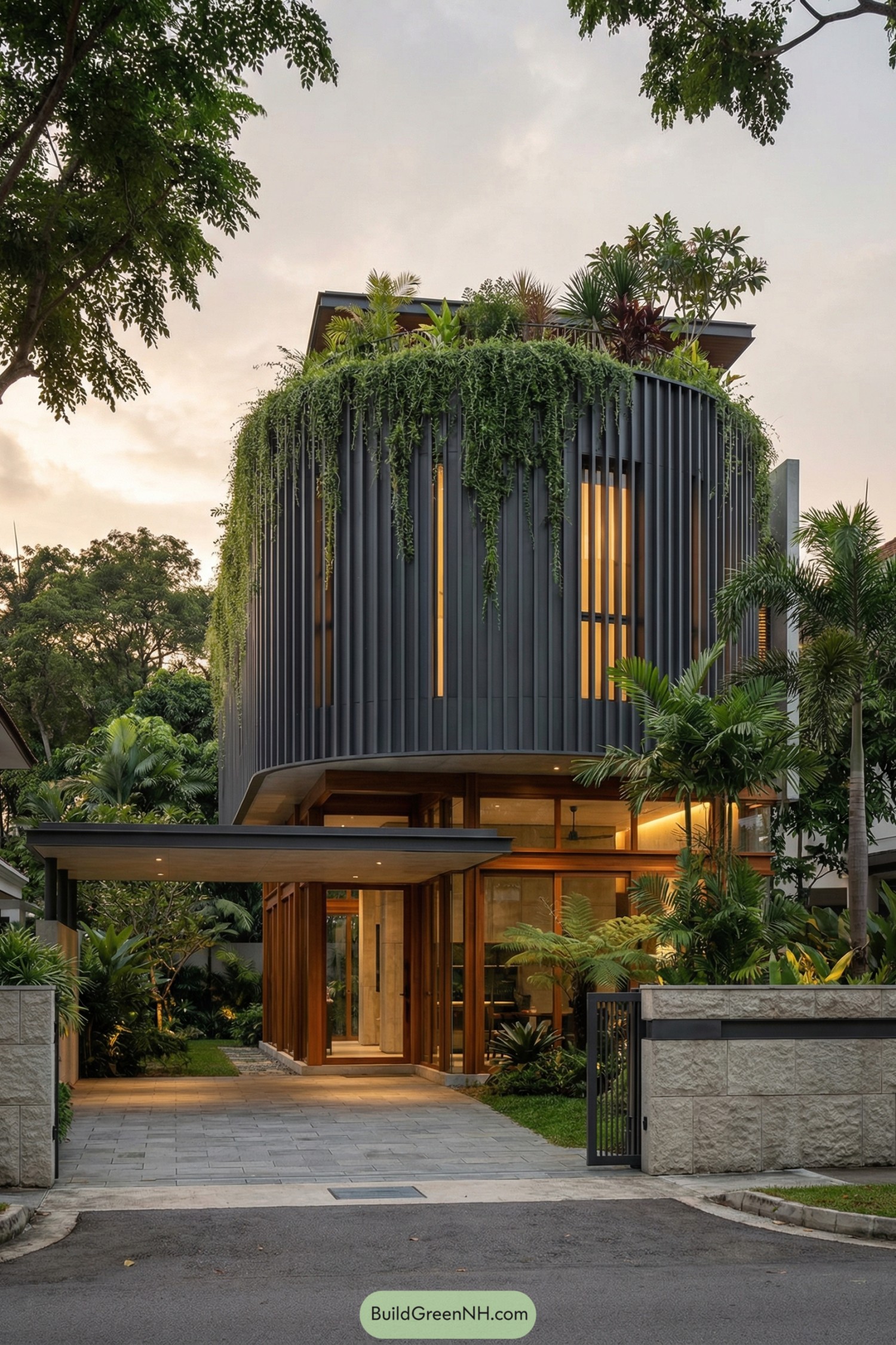 Curved modern house draped in hanging greenery