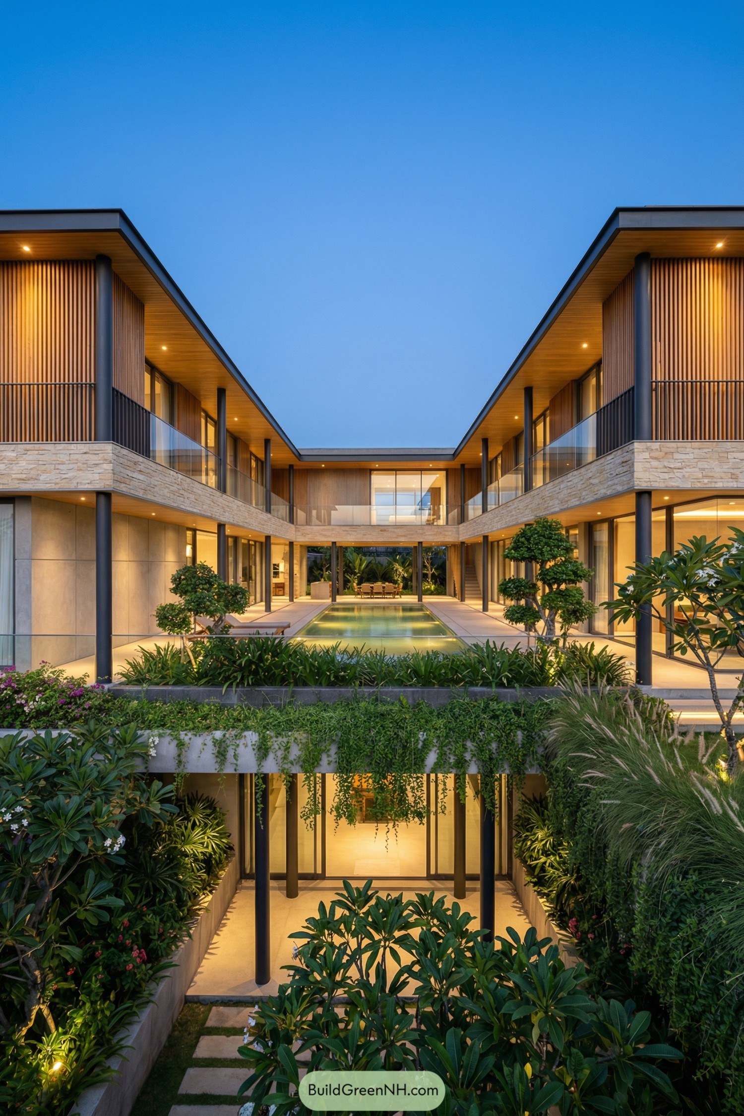 Modern courtyard villa with layered gardens and pool