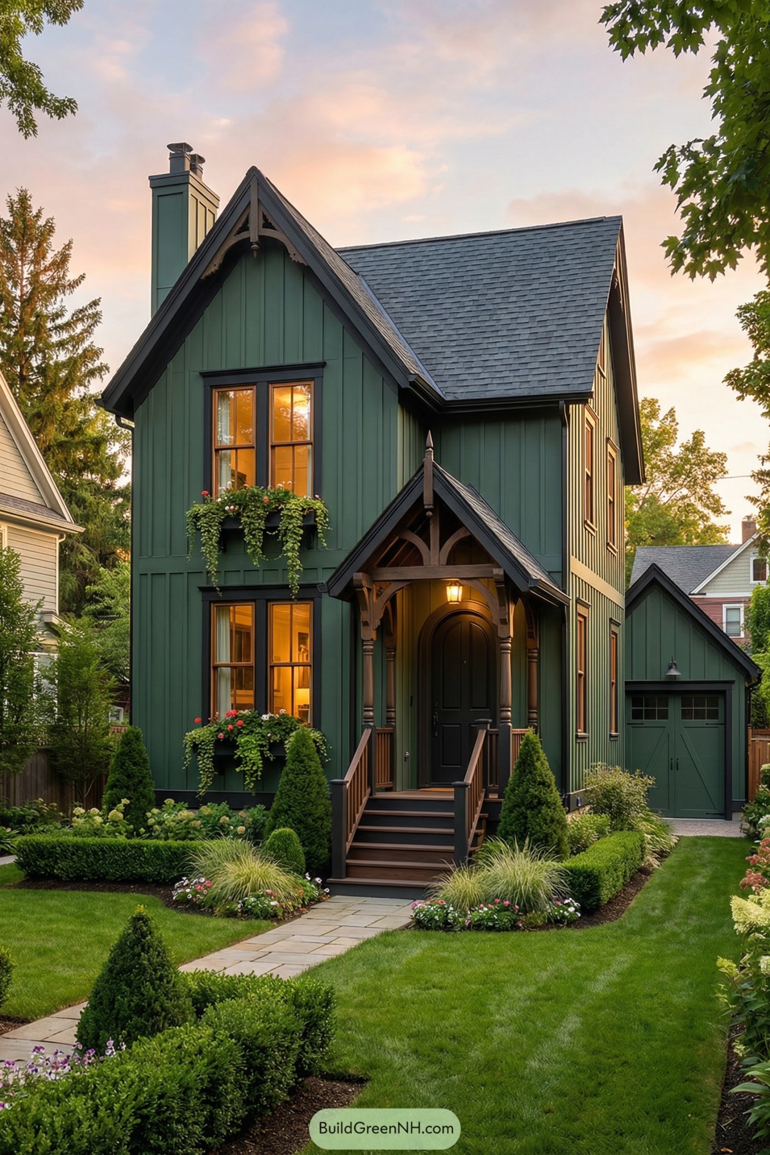 Dark green gabled house with lush front garden and overflowing window planters