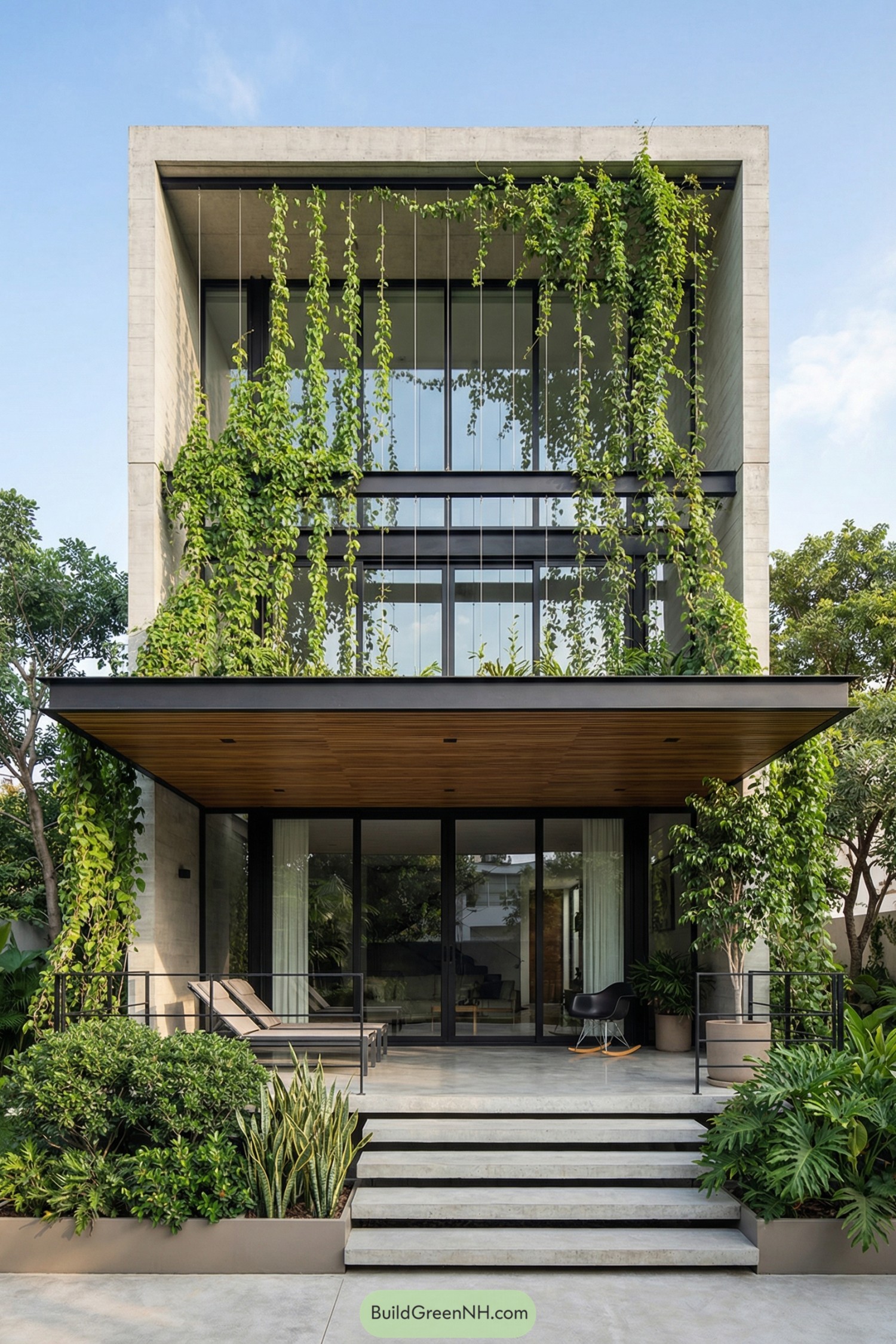 Three-story modern house with cascading vines over a glass façade
