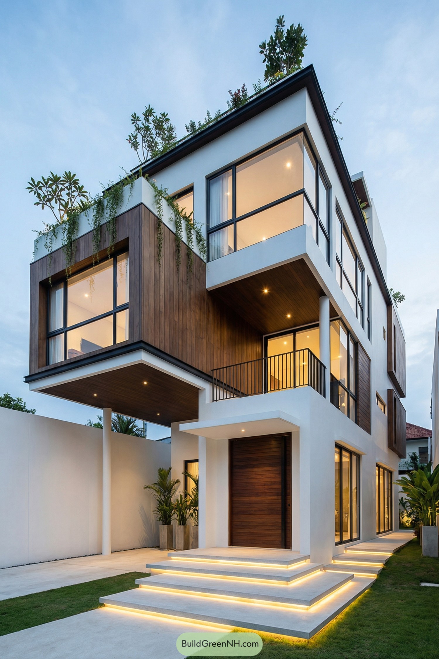 Modern three-story house with rooftop garden