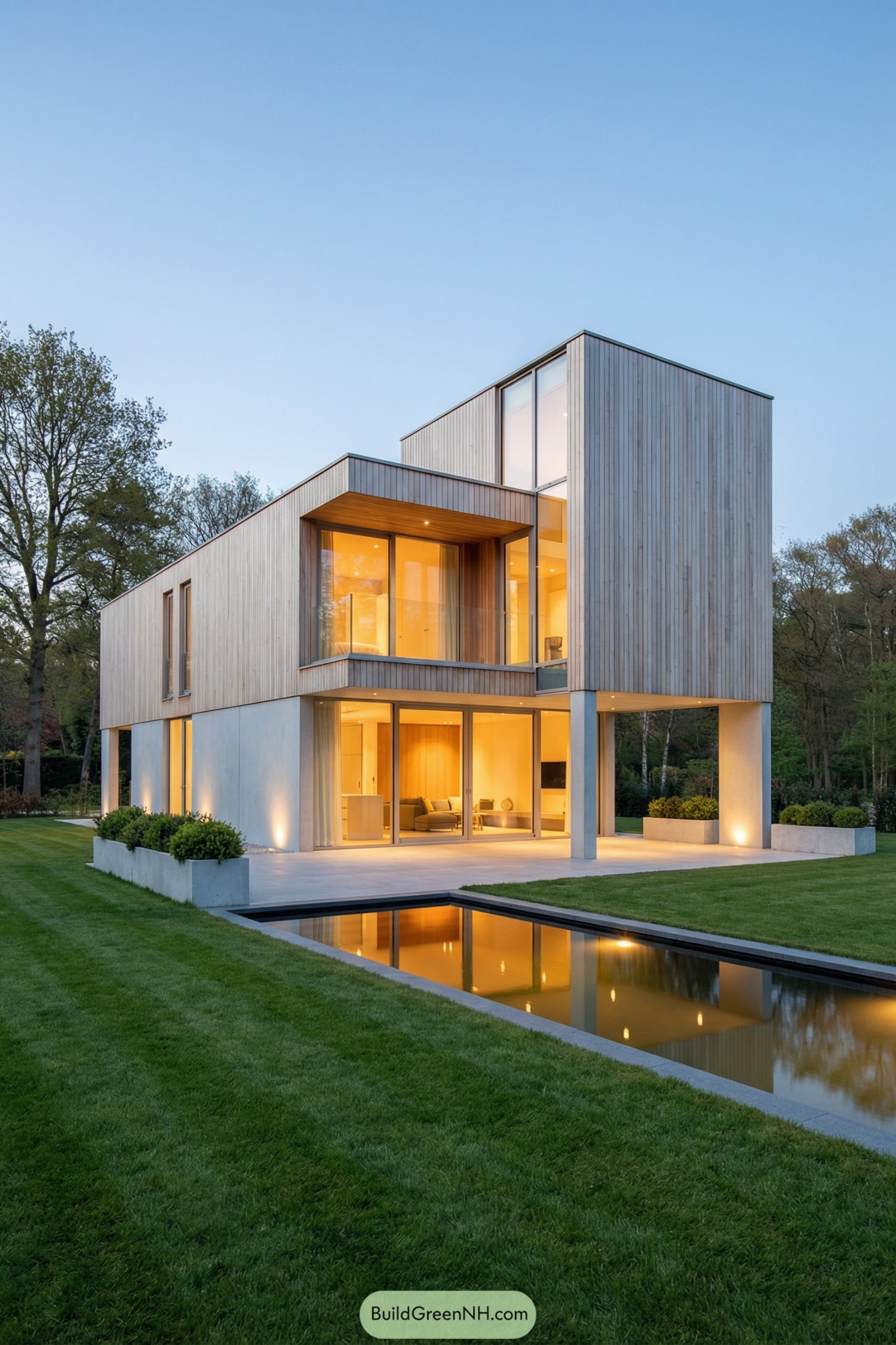 Modern wood-clad house with large windows and a long reflecting pool in a manicured garden
