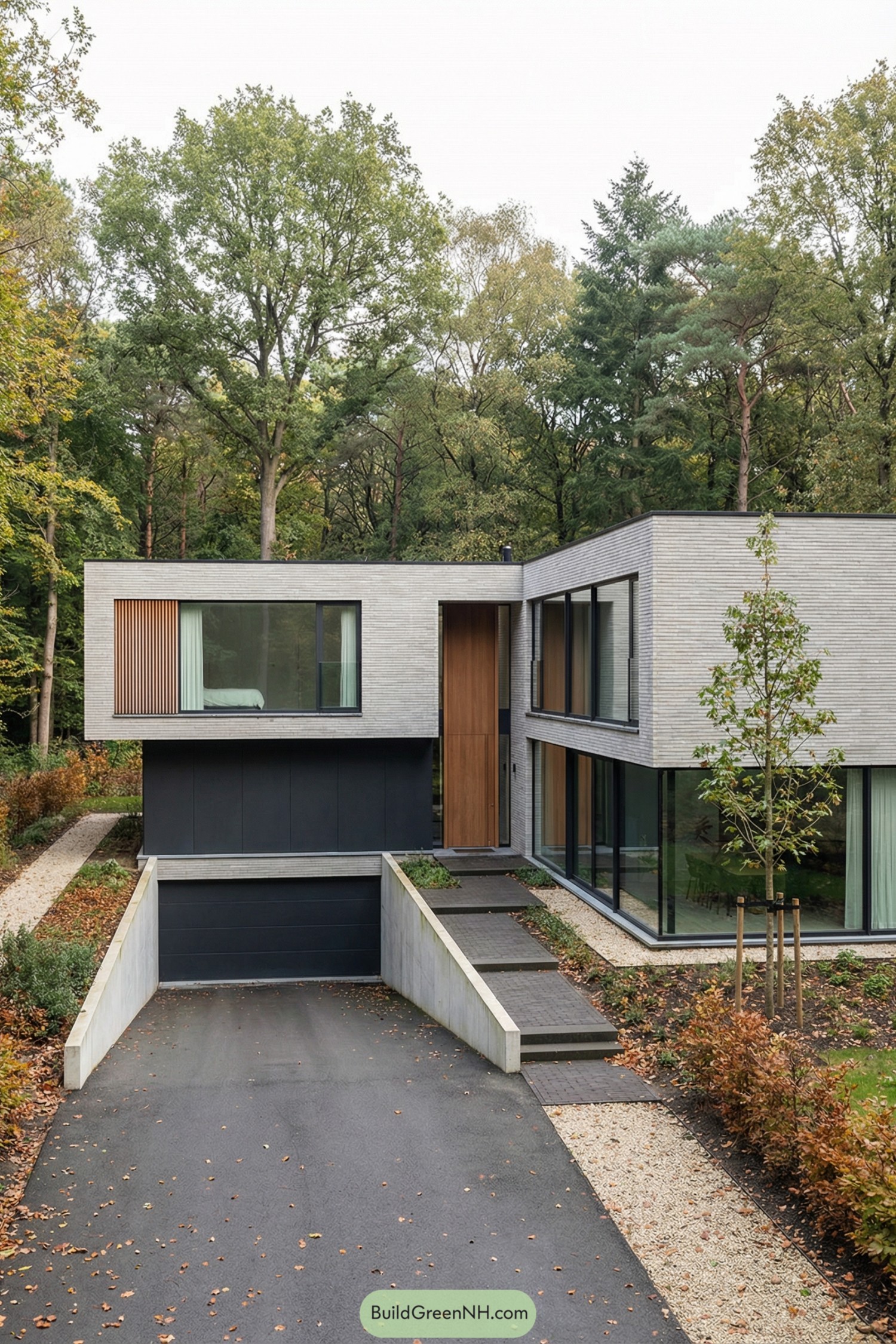 Modern boxy forest house with large glass walls and sunken driveway