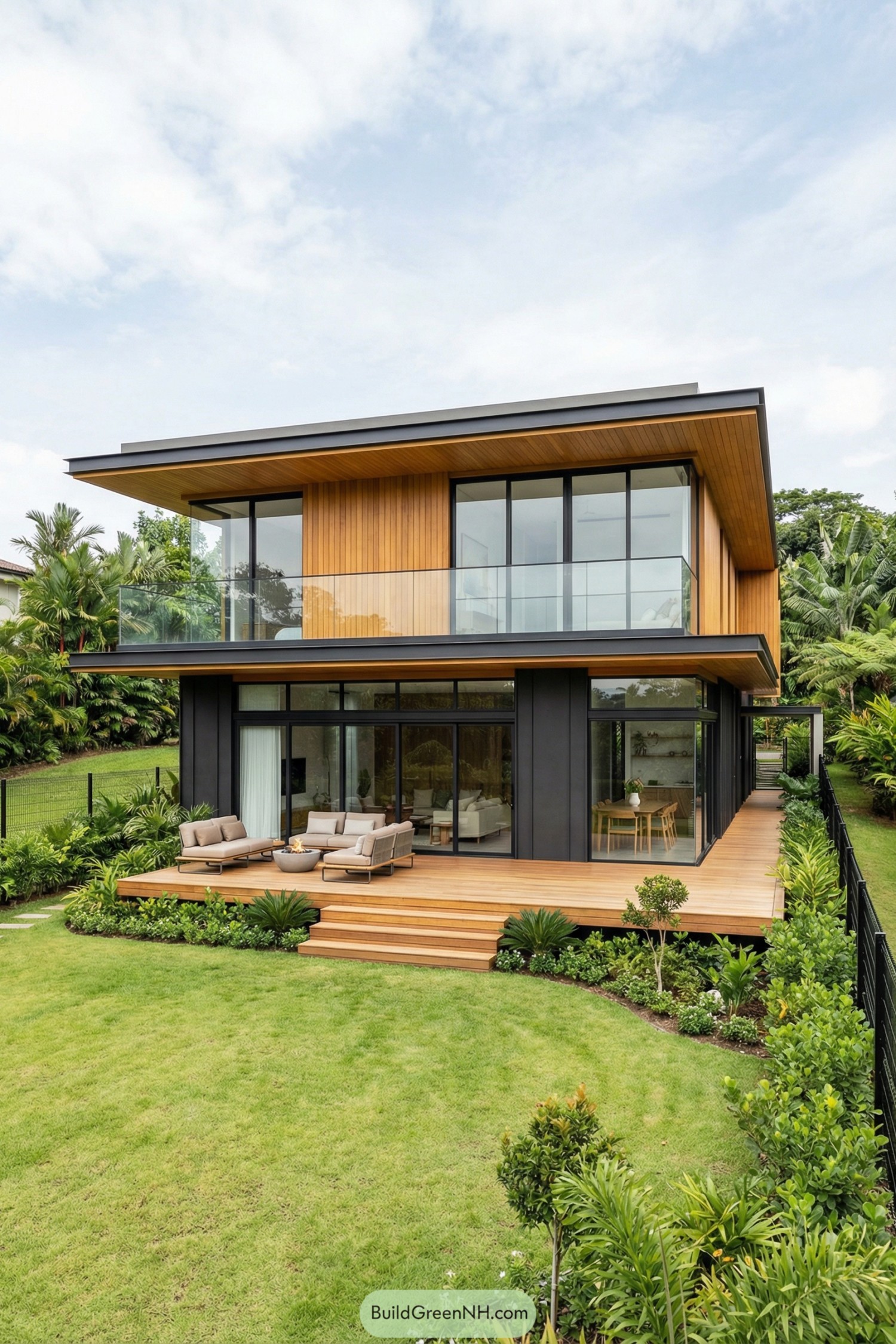 Two-story modern wood and glass house with broad timber deck overlooking a landscaped lawn