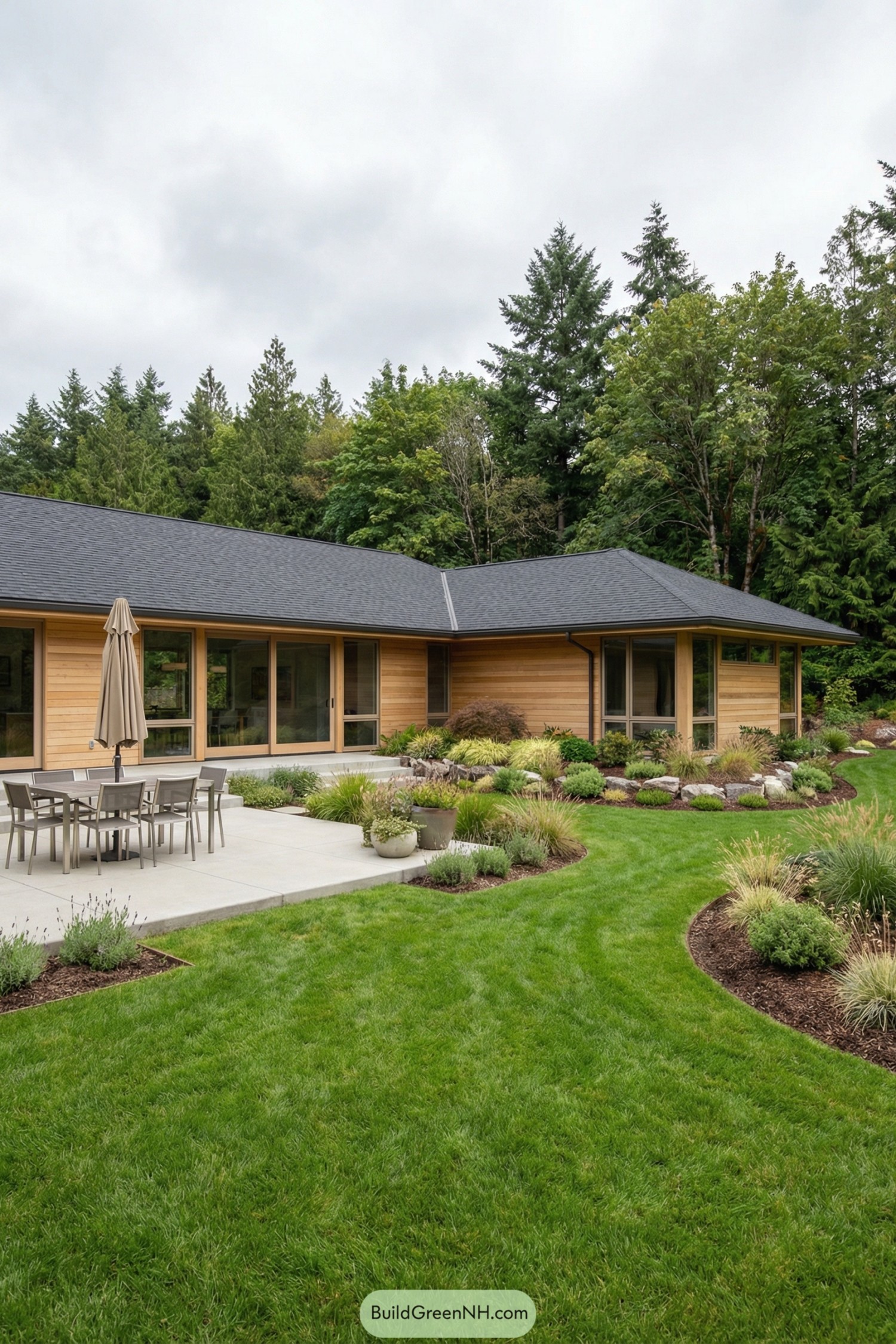 Single-story cedar house with patio and lush curved lawn