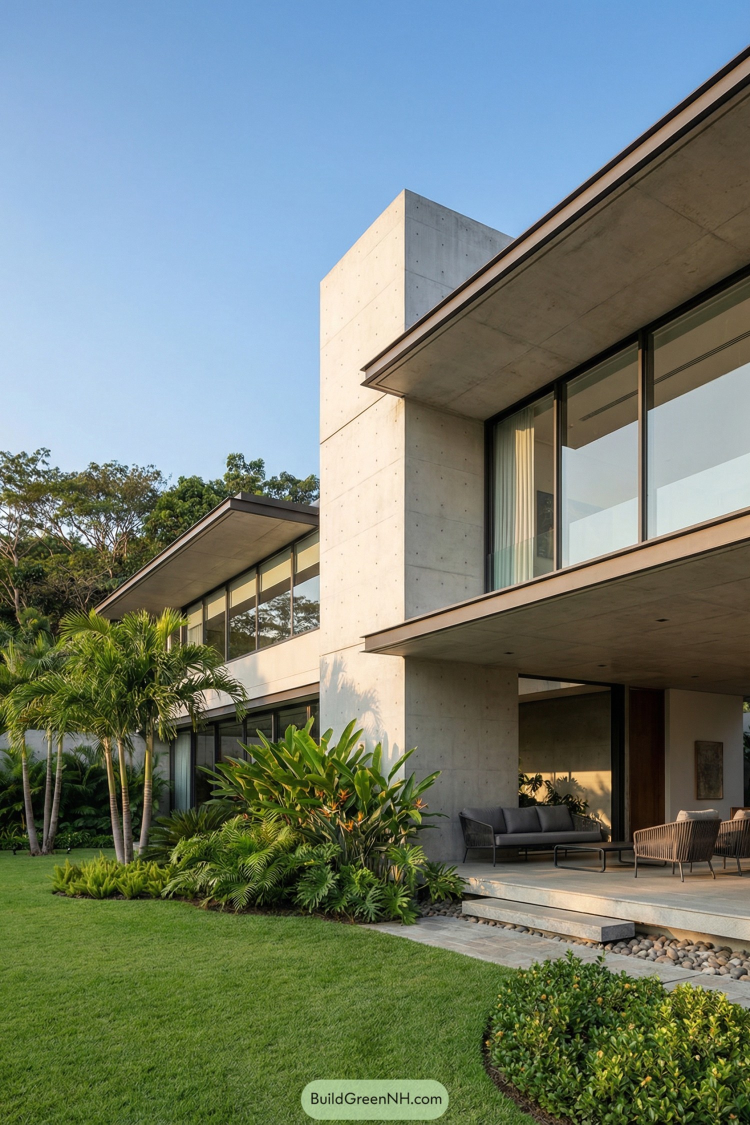Modern concrete house with large glass walls opening to a lush tropical garden