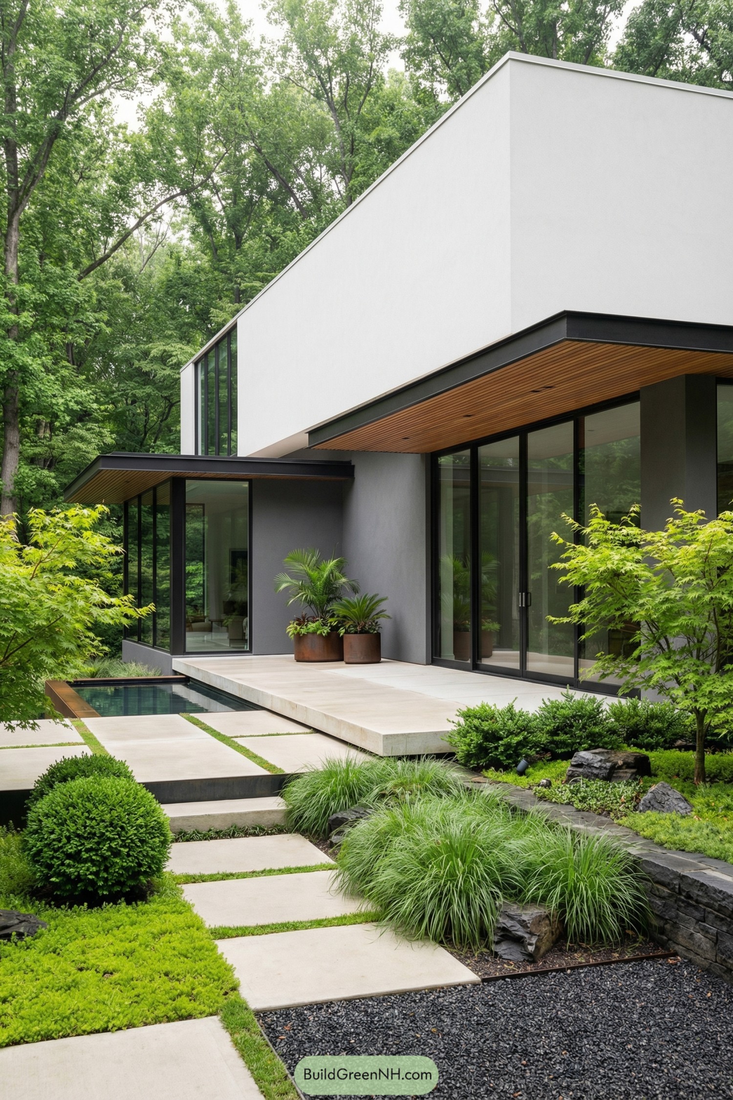 Modern flat roof home with large glass walls opening to a sculpted garden and reflecting pool
