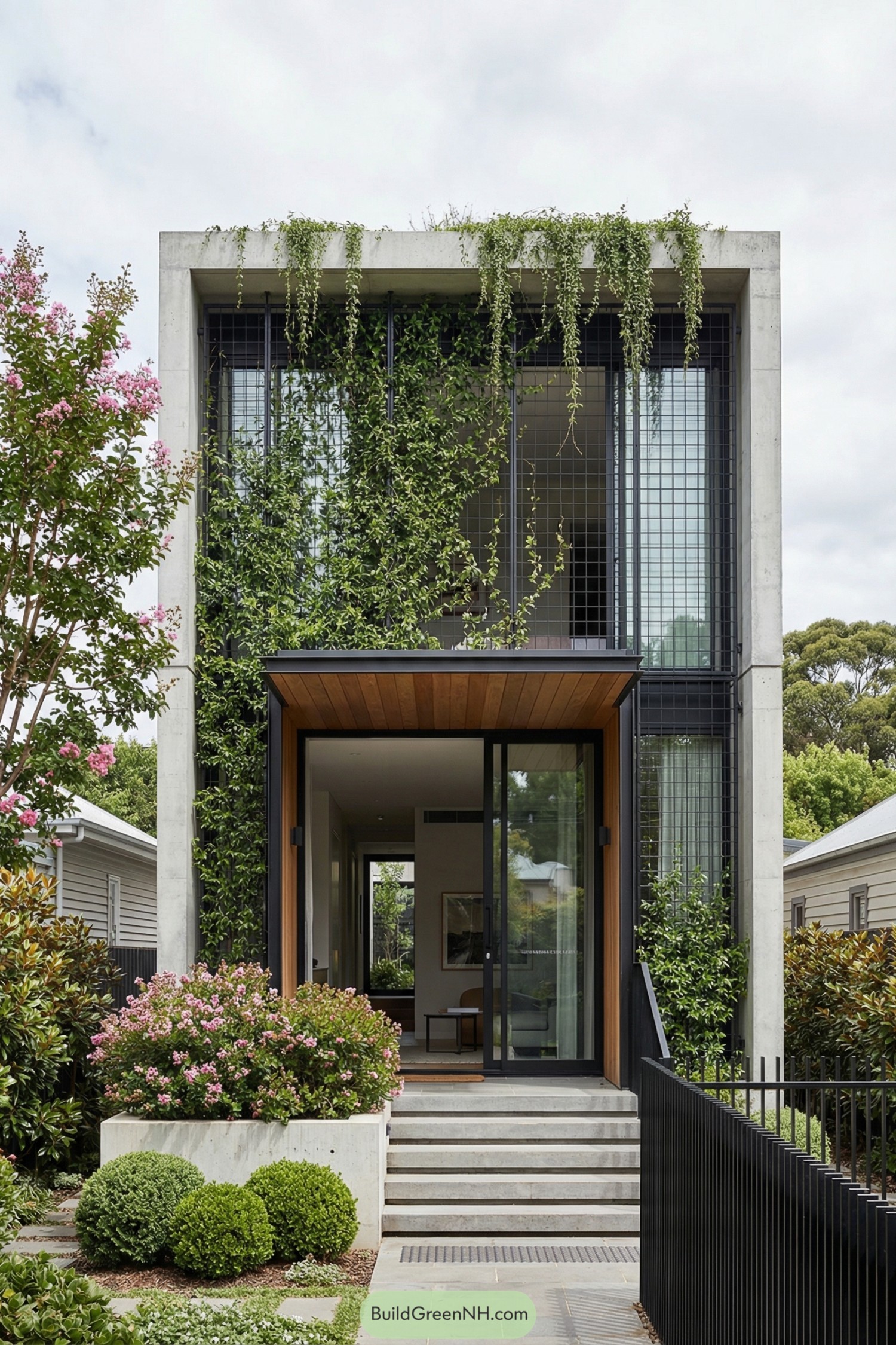 Narrow modern house framed by cascading vines