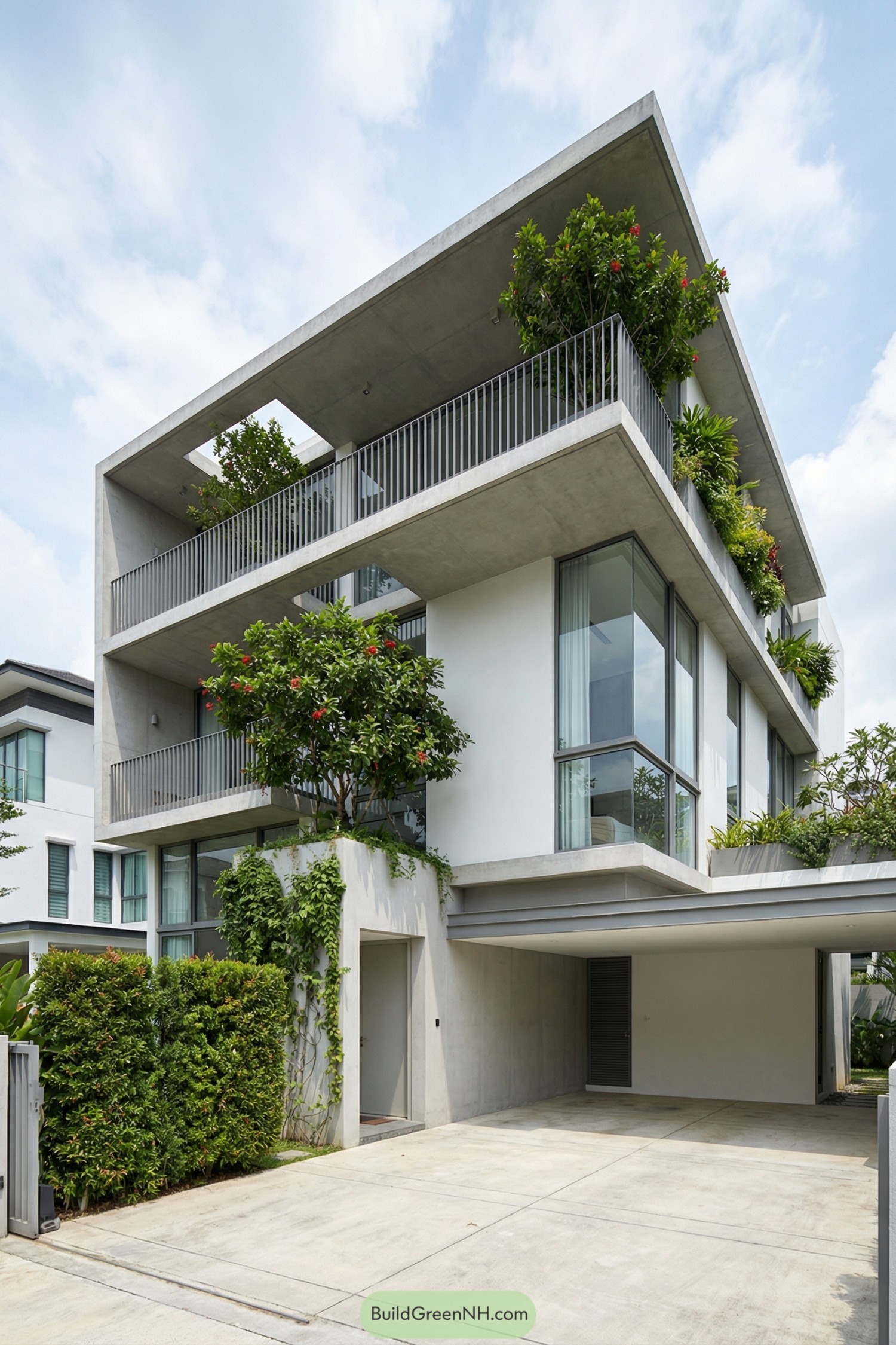 Modern multi-story concrete home with lush balcony planters
