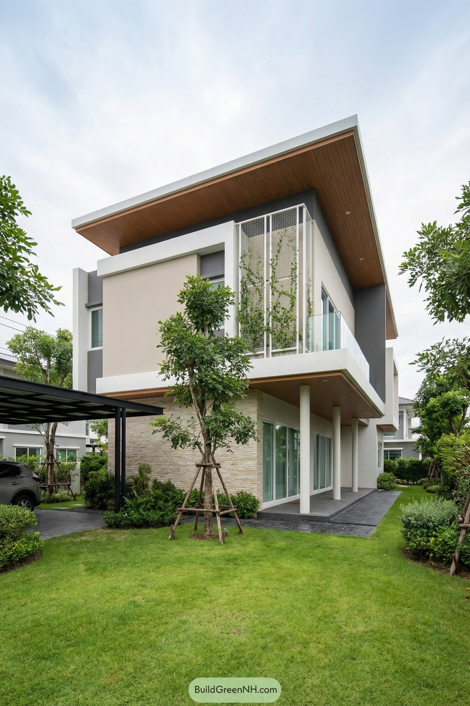 Modern two story house with sloped roof and balcony greenery. Lush lawn and young trees surrounding light toned facade