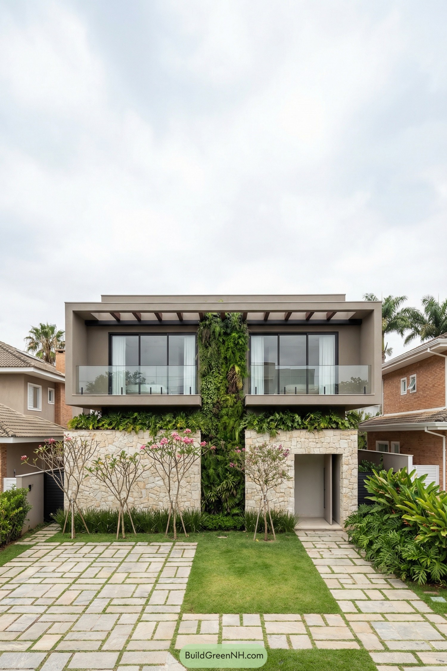 Modern two-story house with central living green wall