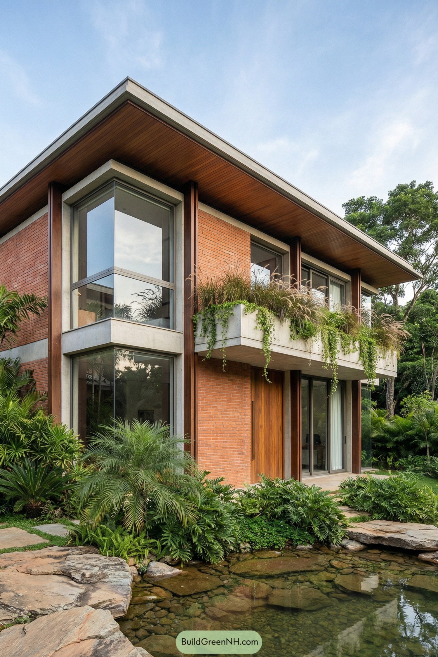 high-res photo of House with greenery, modern two-story rectangular house with clean lines and open facade, warm red brick walls combined with exposed light-gray concrete frames and dark brown vertical supports, muted earth-tone palette with green vegetation accents, elongated flat roof plates with thin overhangs and wood-paneled soffits, extensive floor-to-ceiling glass walls and large fixed windows with slim dark frames wrapping corners, tall sliding glass doors and a single solid wood entrance door with vertical grain, projecting concrete balcony and terrace edges used as deep planters densely filled with ornamental grasses and cascading vines, foreground outdoor area with natural rock slabs forming the edge of a shallow clear-water pond with visible stones, lush tropical landscaping of layered palms, ferns, and dense shrubs surrounding the base of the house and pond, background with more greenery and trees under a bright blue sky with soft clouds, real-life photo, high-resolution, architectural photography, soft lighting, cinematic composition.