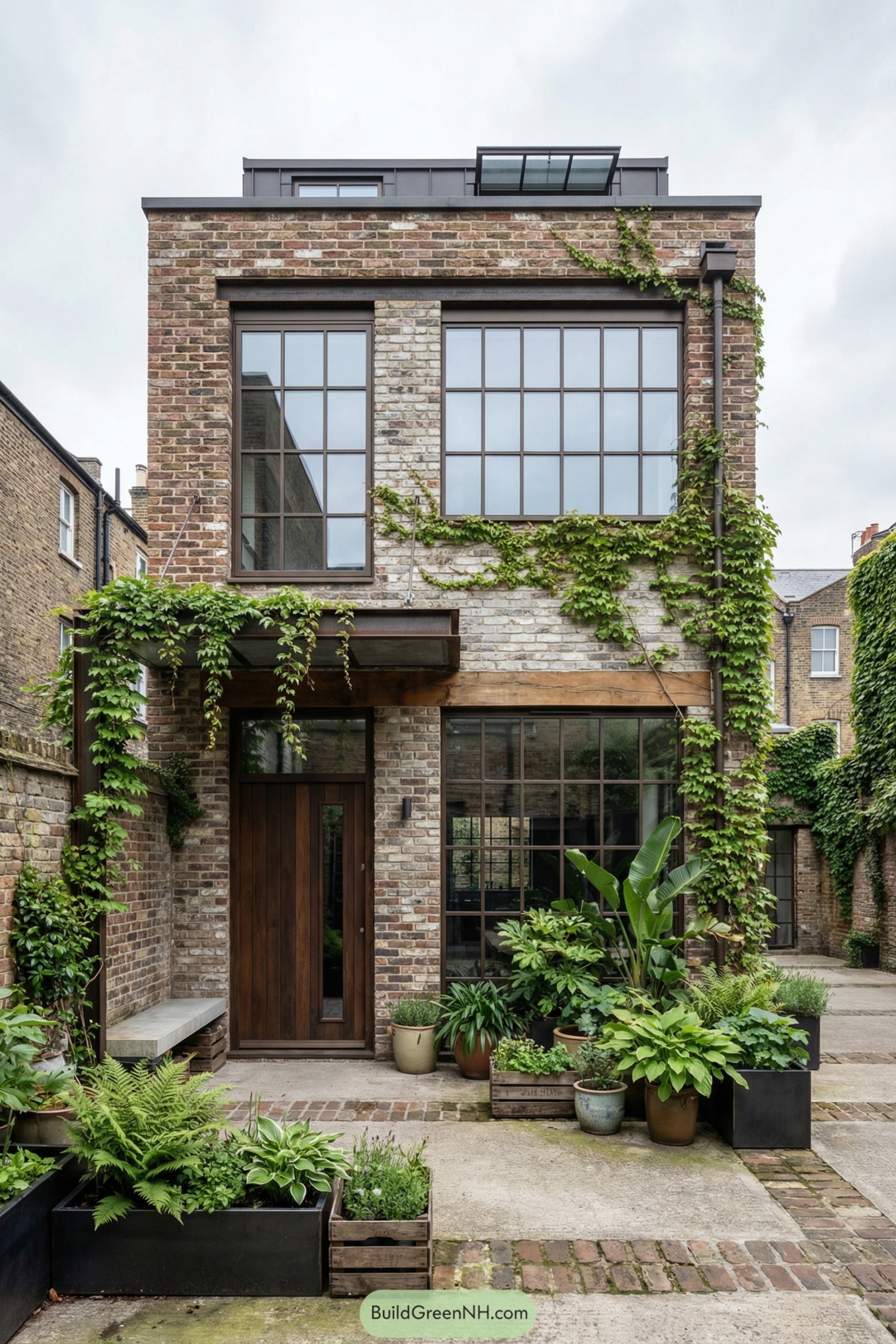 Brick townhouse facade with large gridded windows and abundant potted plants