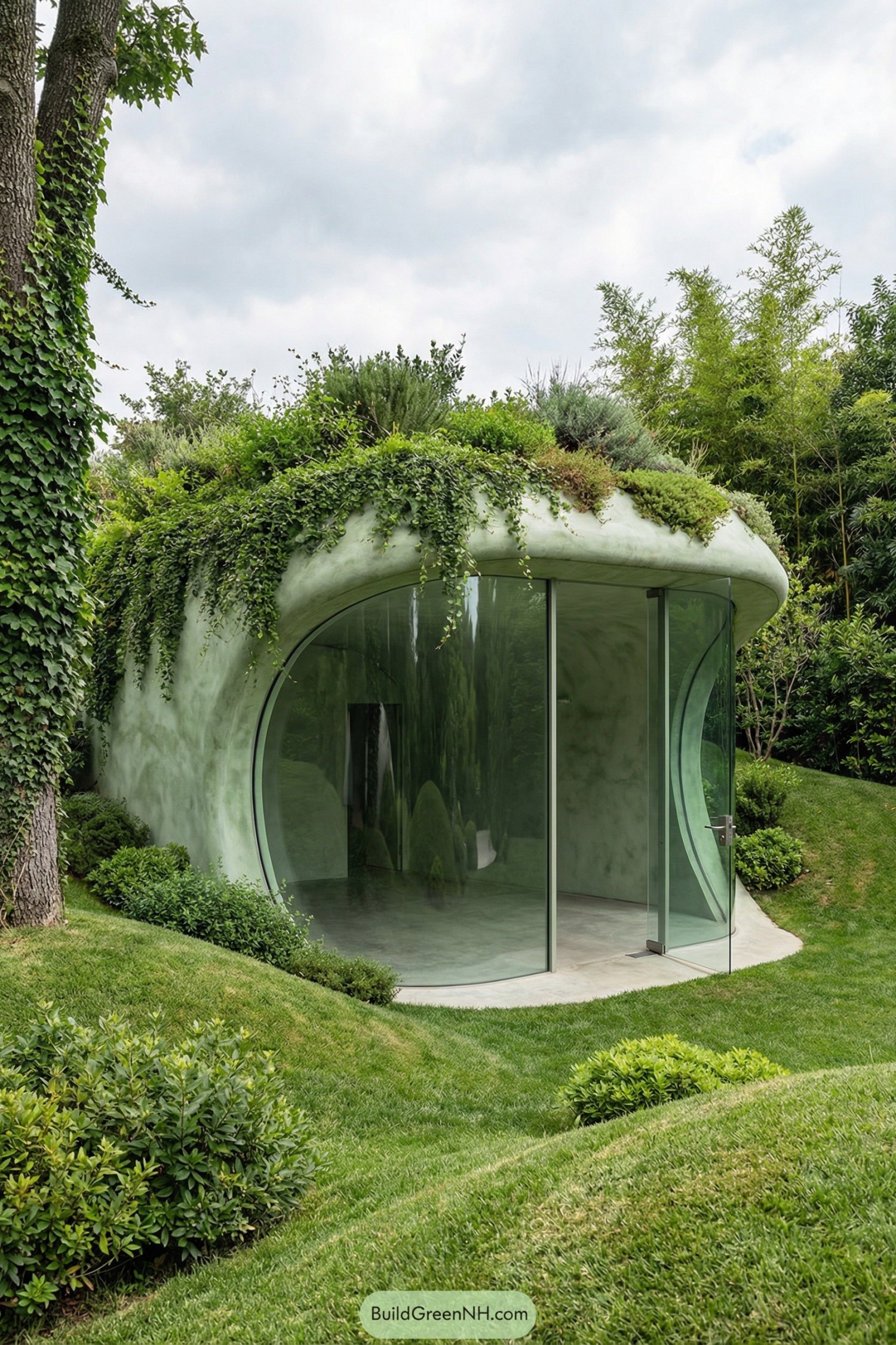 Organic glass pavilion with lush green roof